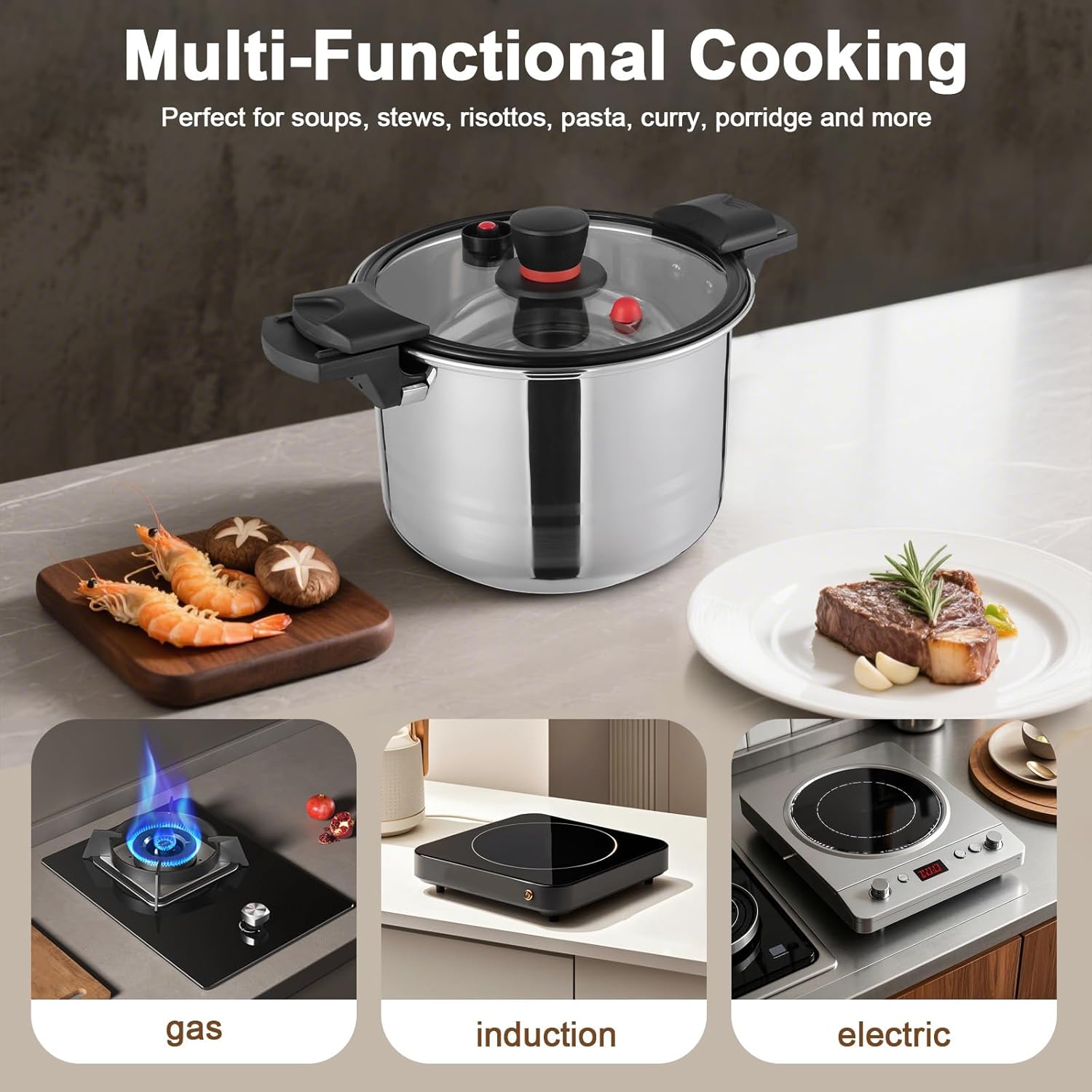 7L/7.4Qt Multifunctional Pressure Cooker, Stainless Steel 60Kpa Pressure Pot, Suitable for Gas Cookers, Induction Cookers, and Electric Hob, and Can be Used to Stew and Cook Various Delicacie
