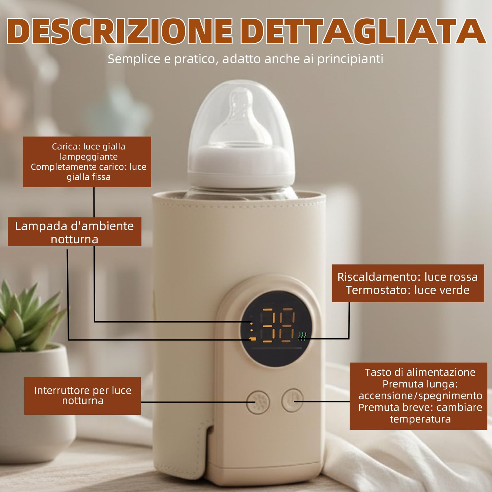Scaldabiberon portatile con porta USB-C a 6 livelli di regolazione della temperatura (38-50°C), display LCD intelligente, ideale per riscaldare alimenti per neonati e alimenti per bambini. Un must per