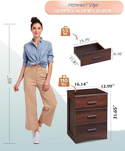 Vista 3 de WLIVE Night Stand, Wood Nightstand with 3 Drawers, Bed Side Table for Bedroom, Living Room, Dorm, Modern Minimalist Bedside Table, Espresso
