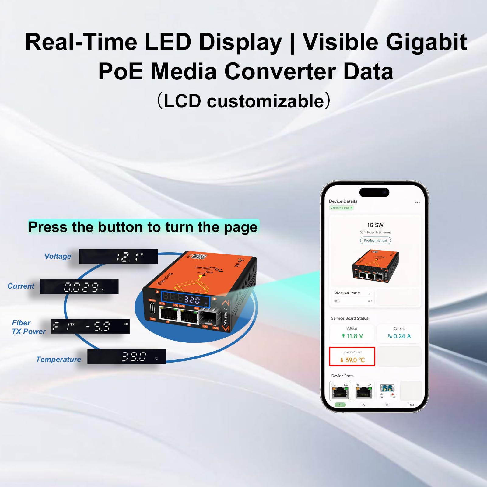 Convertisseur de média en fibre PoE 30 W géré intelligemment visualisé, 10/100/1000 Mbps, 2 × PoE RJ45 1 × SFP, écran LED, DIP VLAN, contrôle APP/Web, alarme DDM, pour autoroute, transport ferroviaire