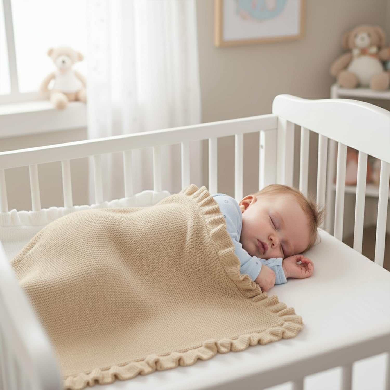 Cotton Baby Blanket with Ruffle Edge Soft Breathable Newborn Blanket for Boys & Girls, Lightweight Knit Throw for Crib, Stroller & Nursery Multiple Colors Available Cream 28x36 - Image 2