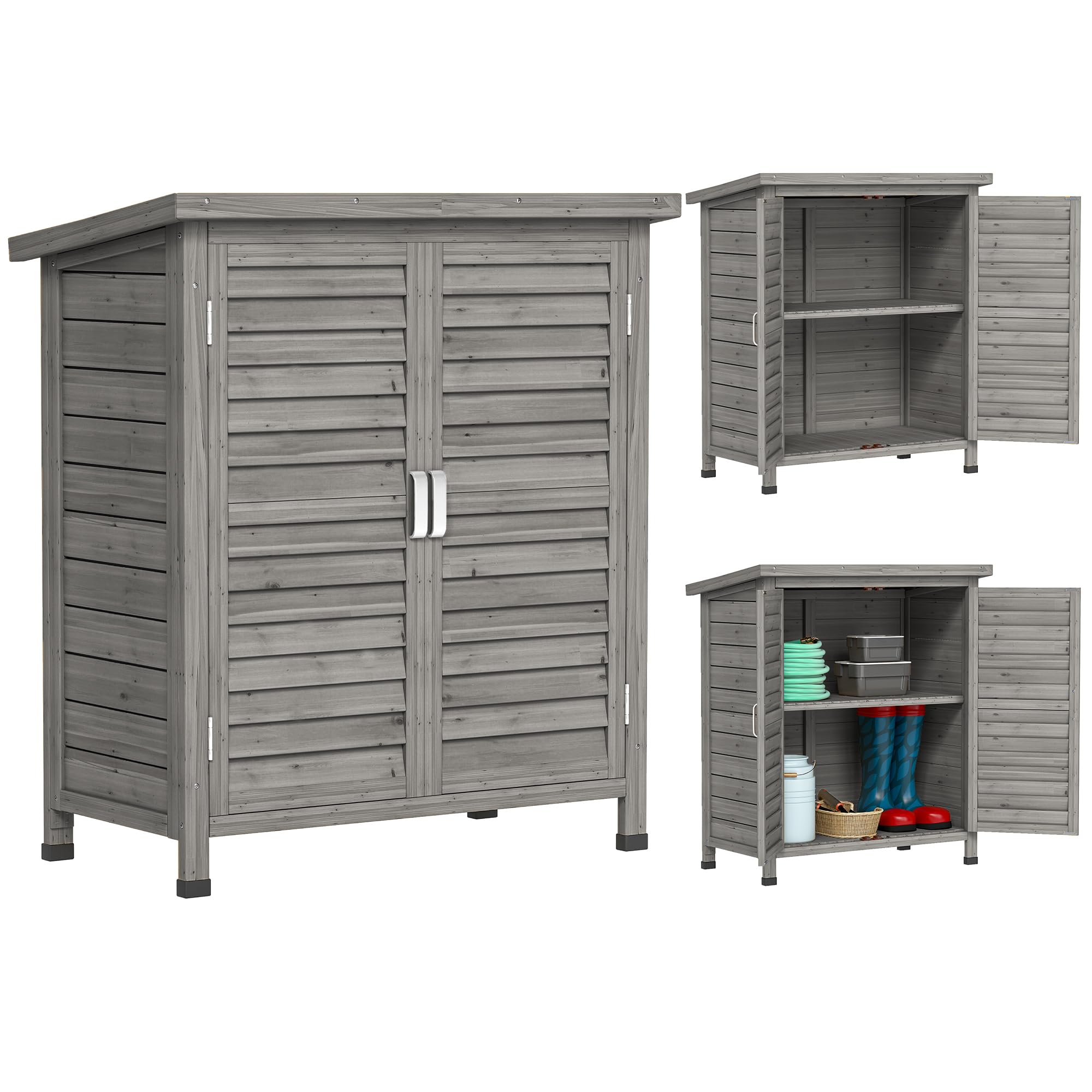 Outsunny Solid Fir Wood Garden Storage Shed - Grey - Shutter Doors - Tilted Roof