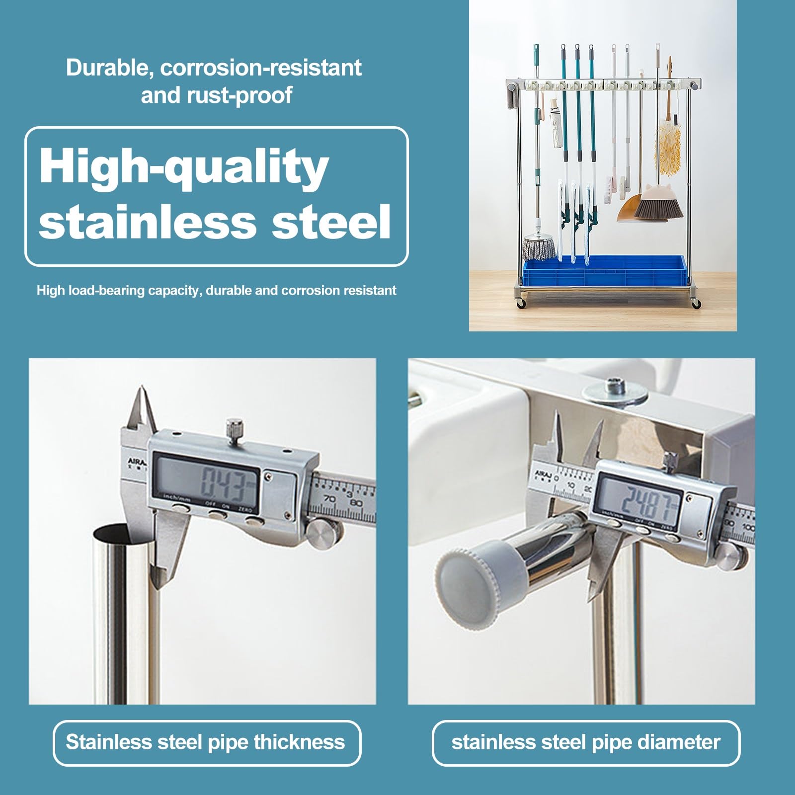 SARKEY Móvil Soporte Escobas Mop Broom Holder,Fregona Estante De Drenaje | Carro De Limpieza Móvil Colgador Escobas Y Fregonas,para Restaurante,Cocina,Baño(97x50x122cm(38x20x48in))