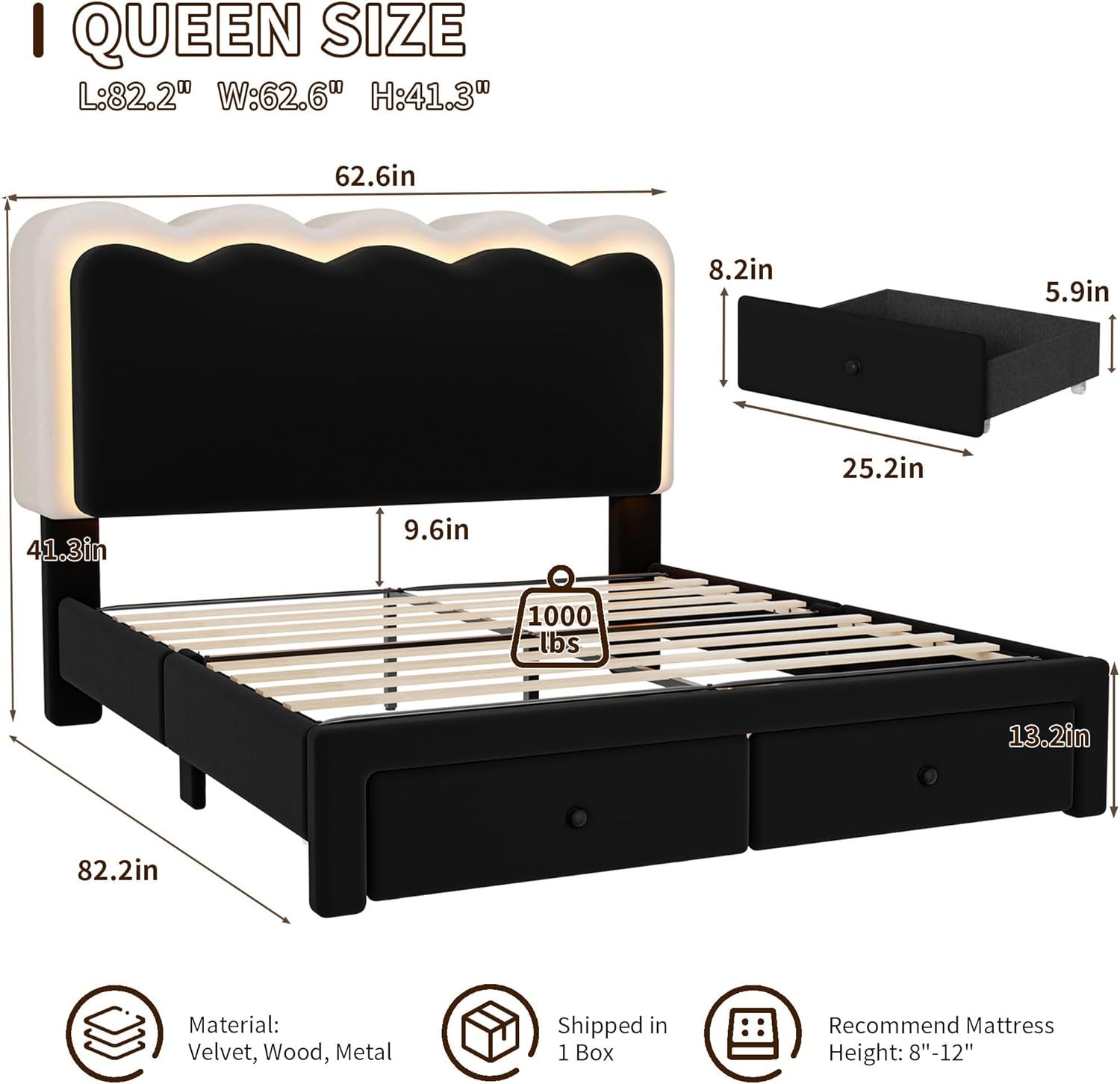 Upholstered Bed Frame Queen Size with LED Lights and 2 Storage Drawers, Velvet Cama Full Princess Platform Bed with Double Wavy Wingback Headboard, Wooden Slats Support, No Box Spring Needed, Black