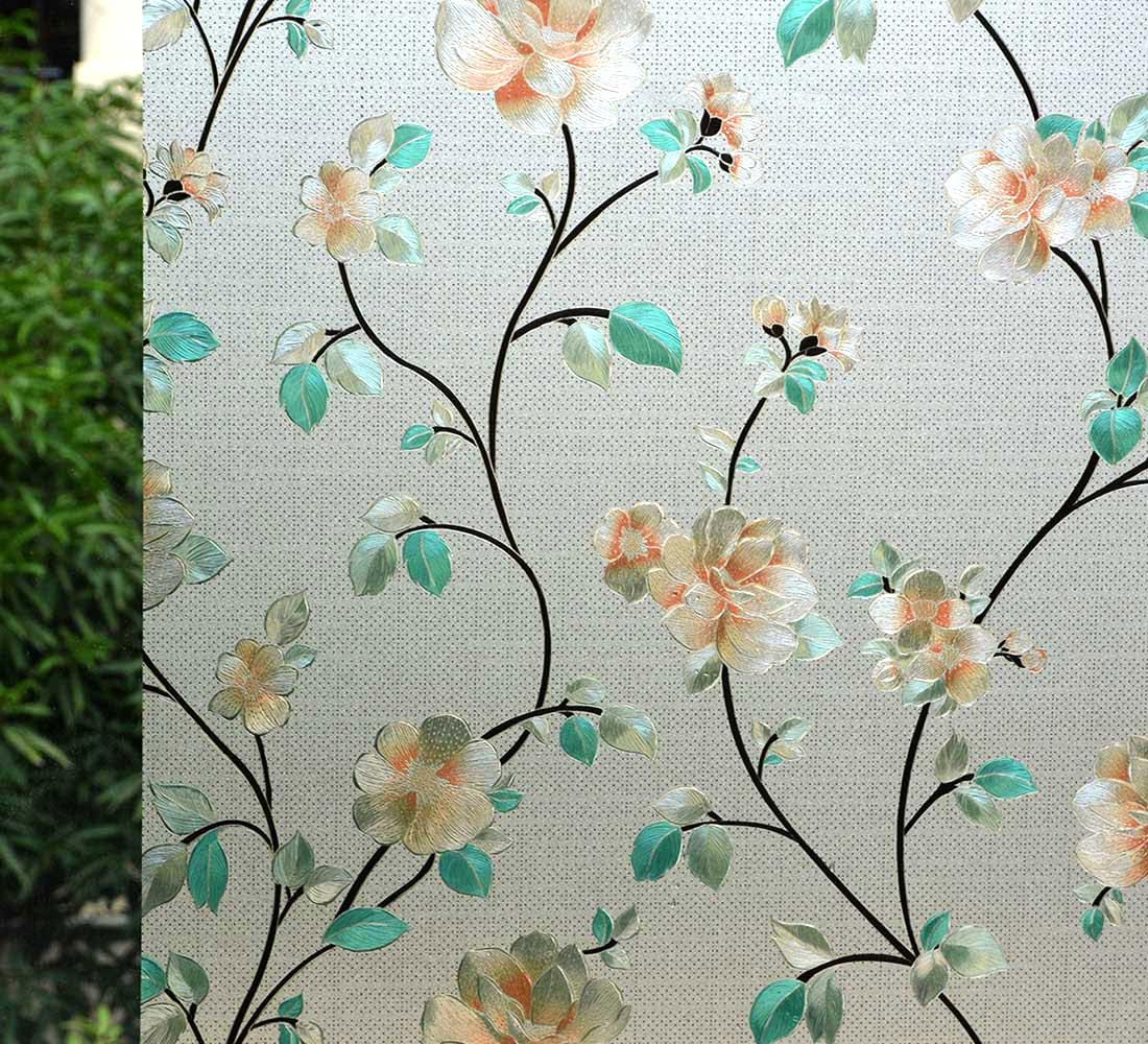 VSUDO Privacy Window Film, Jasmine Flower Pattern Window Tint for Home Static Cling Window Glass Stickers (44.5x400 cm)