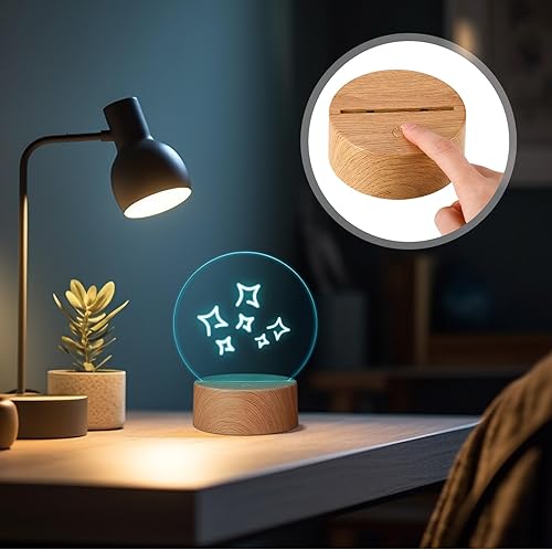 Miniatura 2 de 12 bases de lámpara de noche LED 3D, 12 hojas de acrílico transparente en blanco, 16 colores, 4 modos con control remoto, cable USB, color madera,