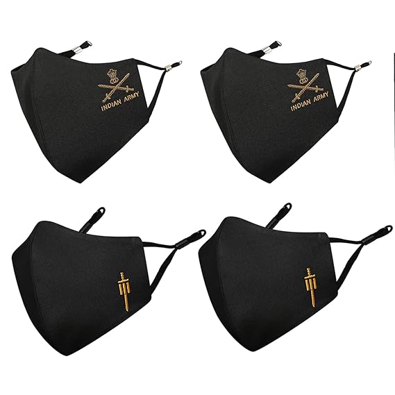 MASQ By Q-One Swords 4 Layer, Reusable, with Ear Adjusters, Anti-Bacterial (BFE>99%) Cotton Cloth Face Mask for Men, Boys (Black-Olive Green)