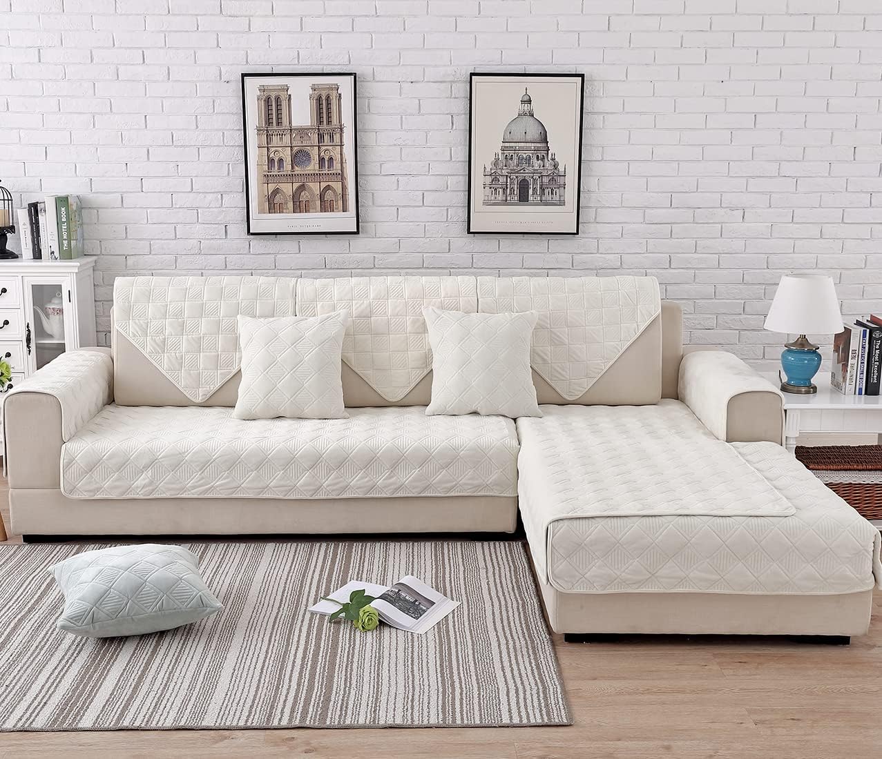 vctops Diamond Plush Sofa Couch Cover Soft Velvet Sectional Couch Covers Non-Slip Sofa Slipcover for Dogs Cats Pet Love Seat Recliner Leather L Shaped, Armrest Backrest Cover (Cream,36"x63")