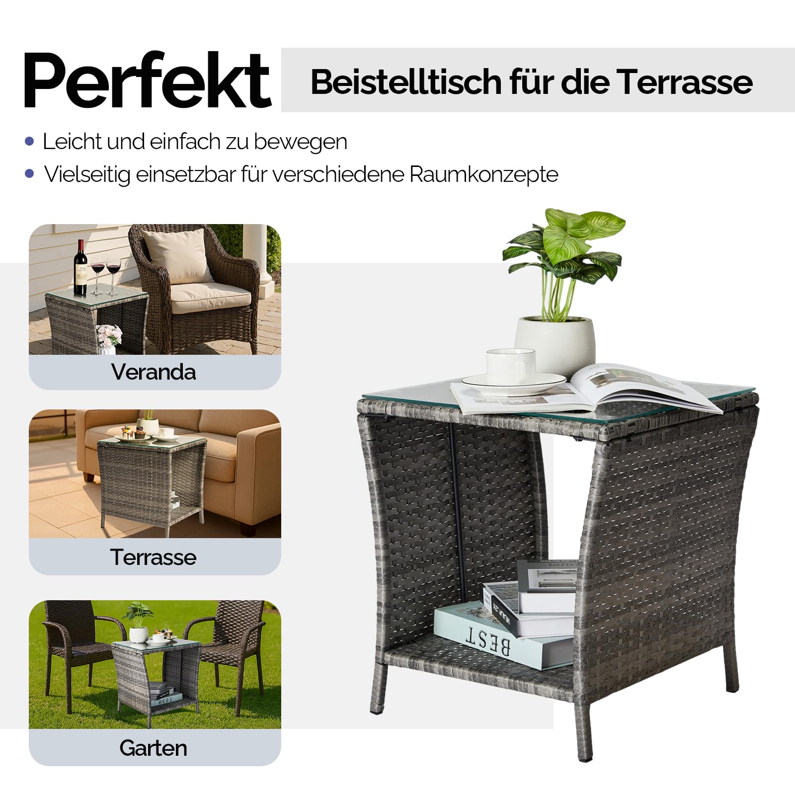 Bonnlo Rattan Beistelltisch mit Glasplatte, Balkonmöbel Grau, Gartenmöbel klein, Balkontisch Outdoor wetterfest, 46x46x50 cm