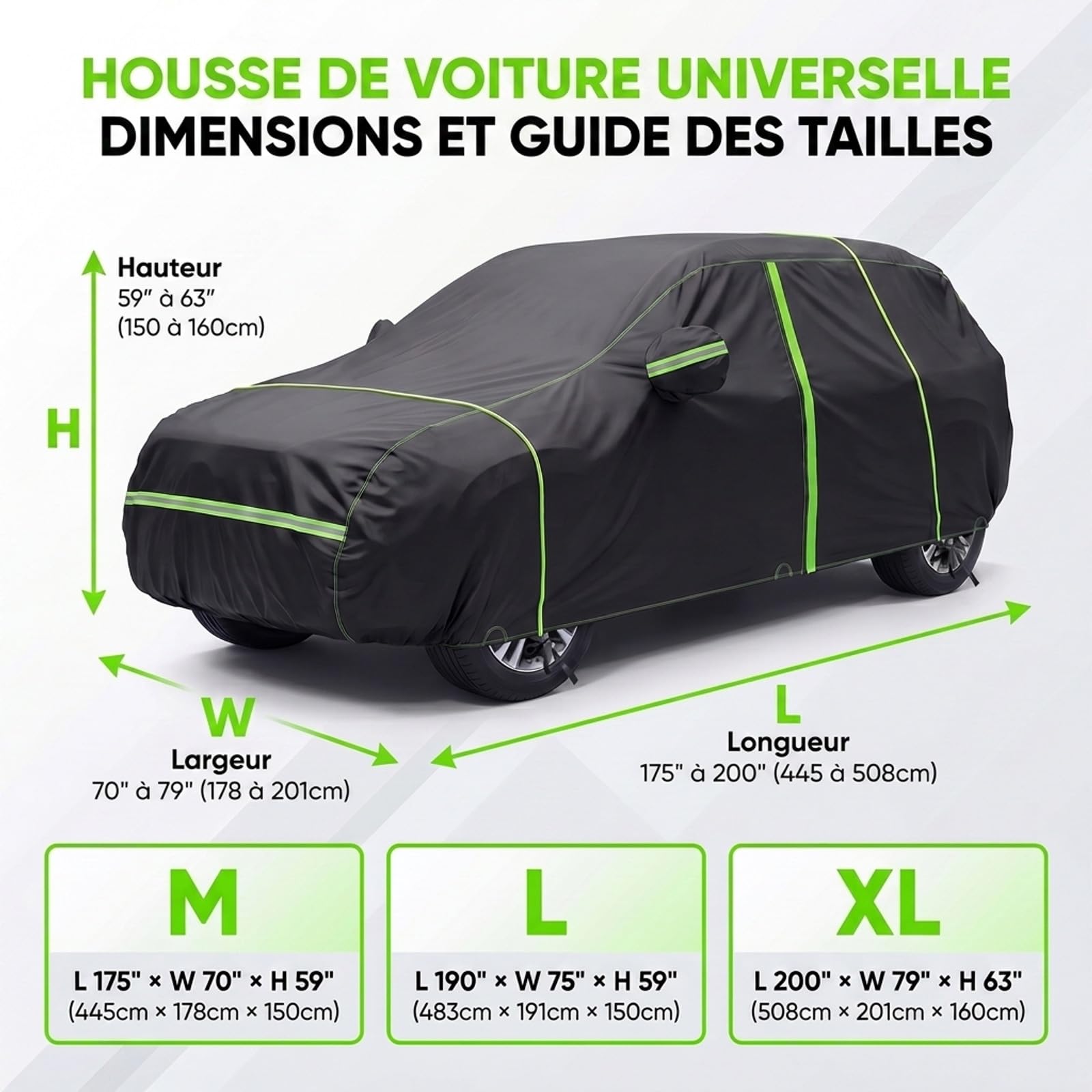 NEVERLAND Bâche Voiture SUV Imperméable 6000PA 6 Couches PEVA Coton Noir | Fermeture éclair conducteur, bandes réfléchissantes, fixation anti-vent, protection UV, compatible Peugeot 2008/Renault