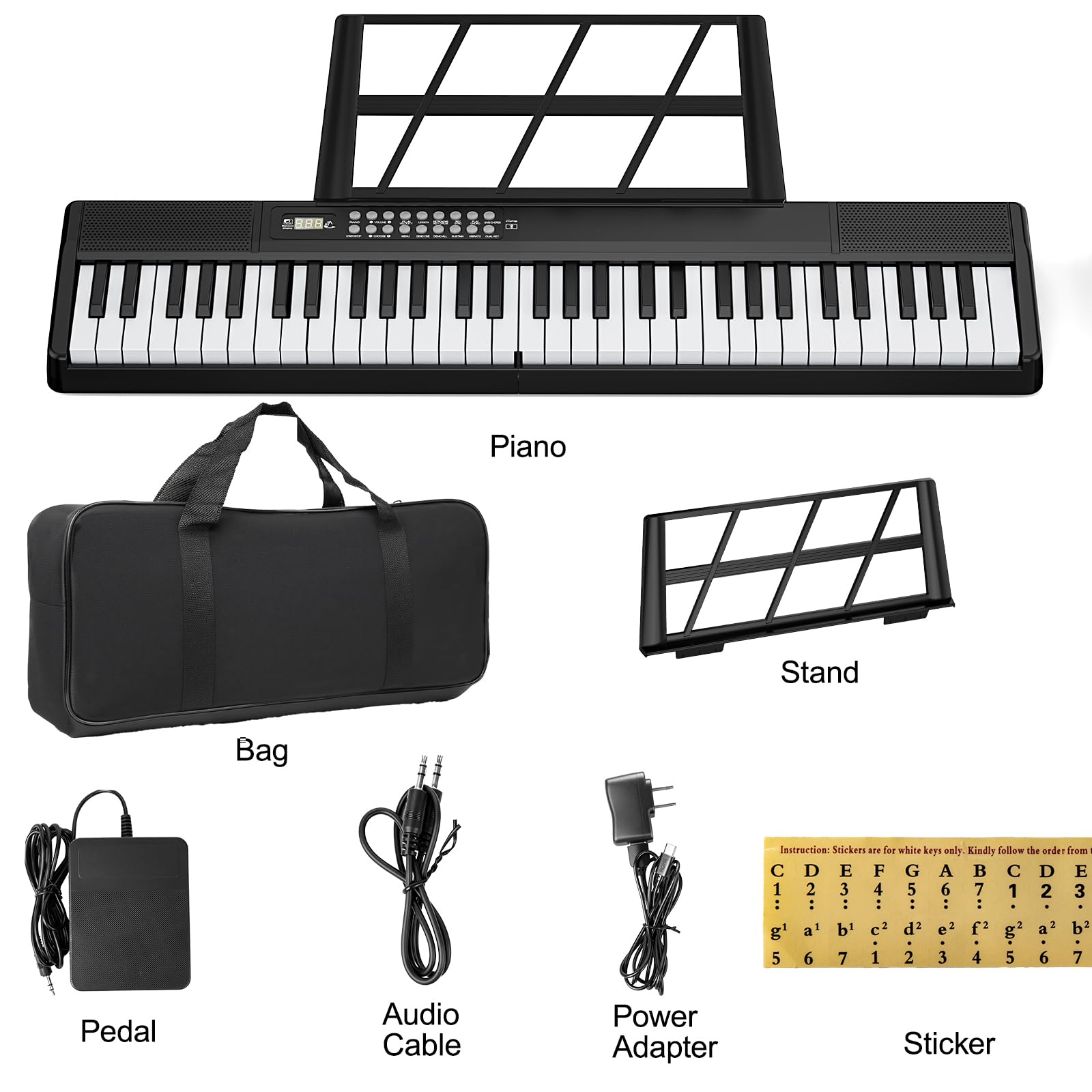 Elektronische Keyboard Piano, Bluetooth Faltbare 61 Tasten Digitale Klavier mit Netzadapter, Pedal, Notenständer, Aufkleber, Tragetasche, Geschenk für Anfänger