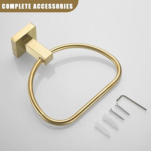 Miniatura 6 de Leyden Toallero de mano dorado cepillado, anillo de toalla de baño, colgadores de toalla de mano de baño montado en la pared medio redondo moderno