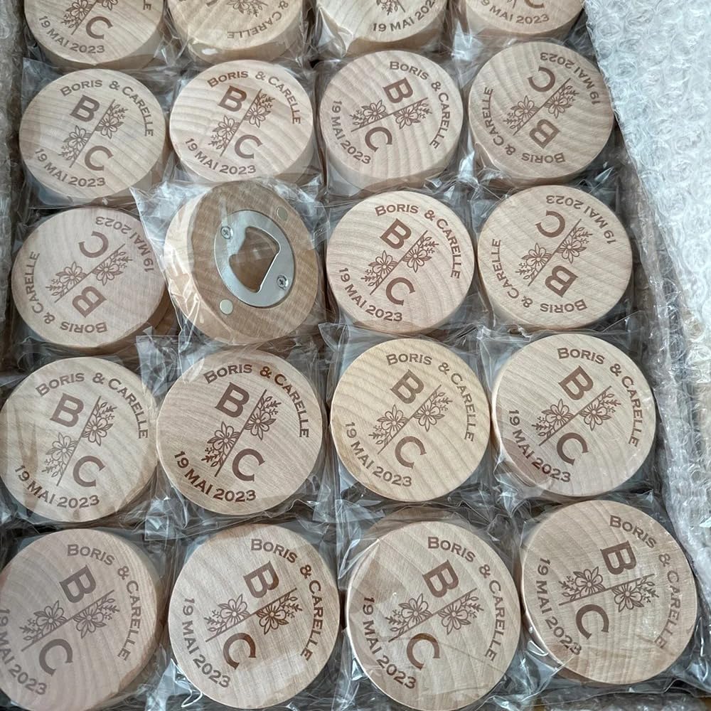 Abridor de botellas magnético de madera personalizado para boda, regalo de boda, recuerdo para invitados (100 unidades)