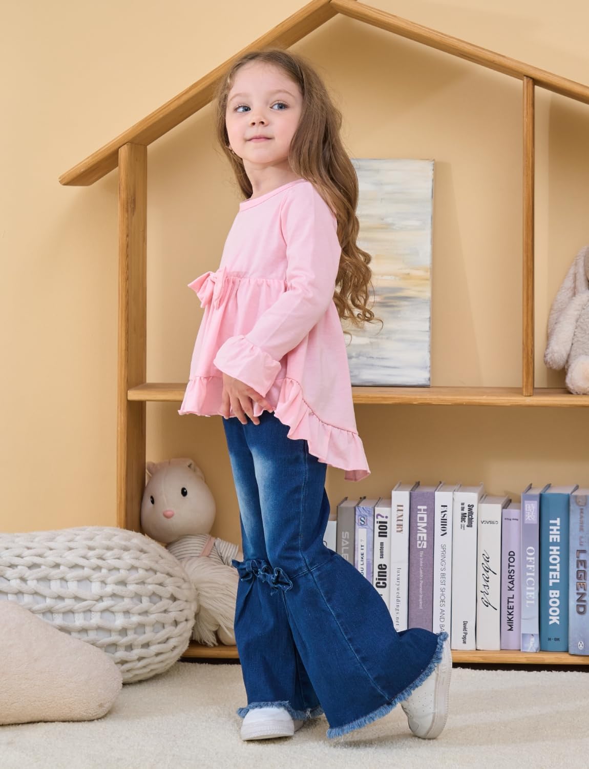 Kid Toddler Girl Clothes Bowknot Ruffle Sleeve Top + Denim Bell Bottom Jeans Pants 2PC Fall Winter Outfit Set - Image 6