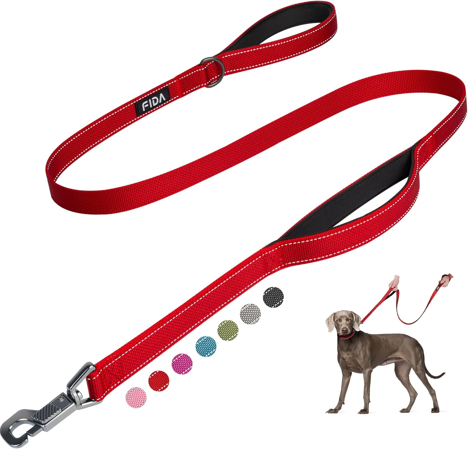 Fida 5 FT Heavy Duty Dog Leash with 2 Comfortable Padded Handles, Traffic Handle & Advanced Easy Snap Hook, Reflective Walking Lead for Large, Medium & Small Breed Dogs, Red 5 Feet (Pack of 1) Red