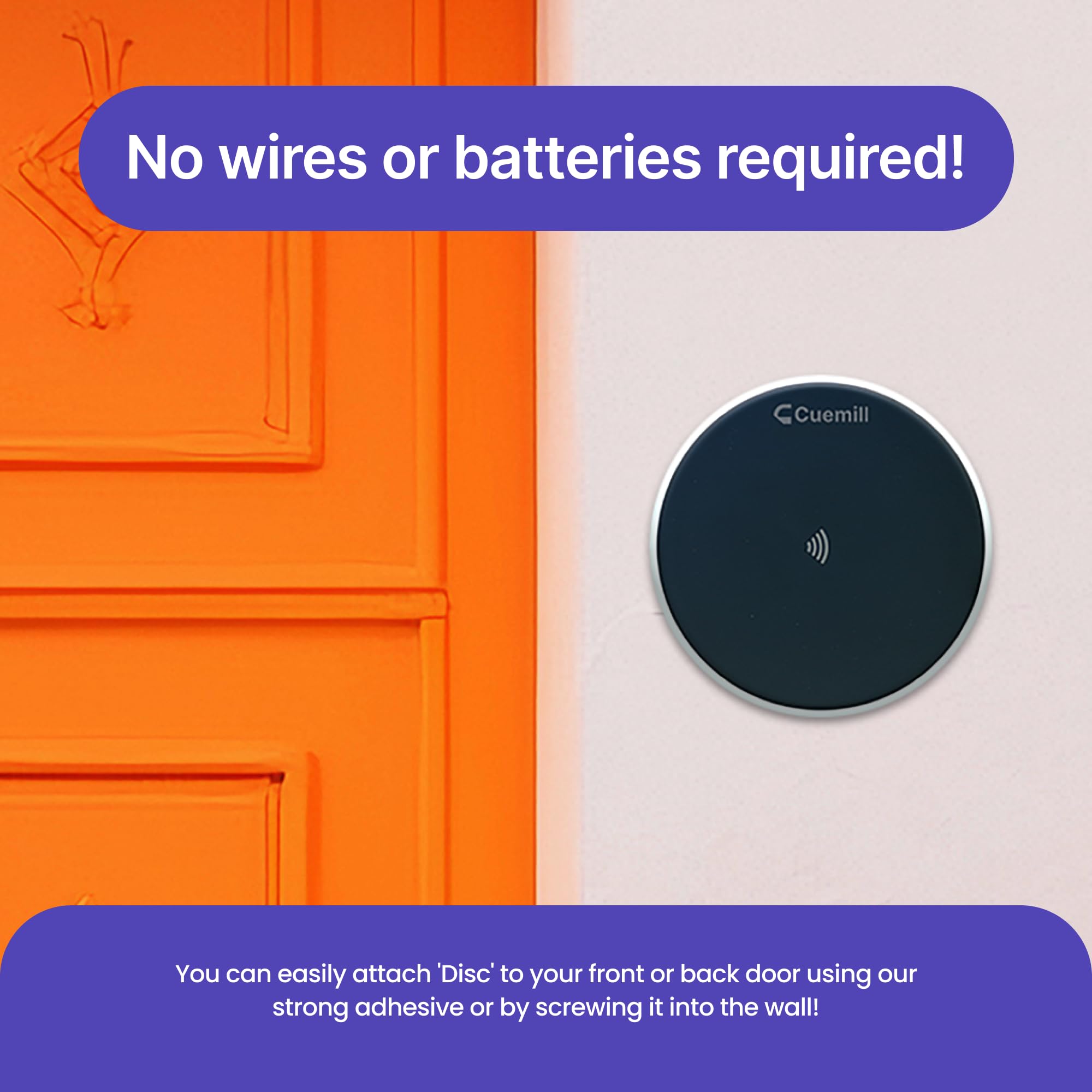 Disco, timbre inteligente, sin cables/baterías/WiFi/suscripción. Tecnología patentada. OEM (minimalista, aluminio mate)