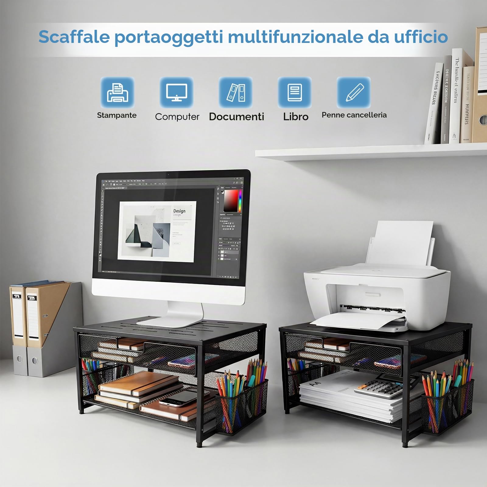 Supporto per monitor, organizer da scrivania in metallo con cassetto e 2 portapenne, rialzo ergonomico per monitor per stampante, laptop e ufficio, espositore a 2 livelli (nero)