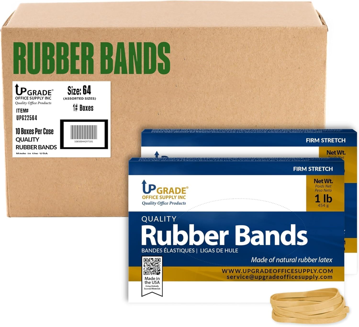 Upgrade Office Supply Rubber Bands, Office Supplies, Size 64 (3-1/2 in x 1/4 in), 320 Bands, 1 lb Box, 10 Box Case, USA