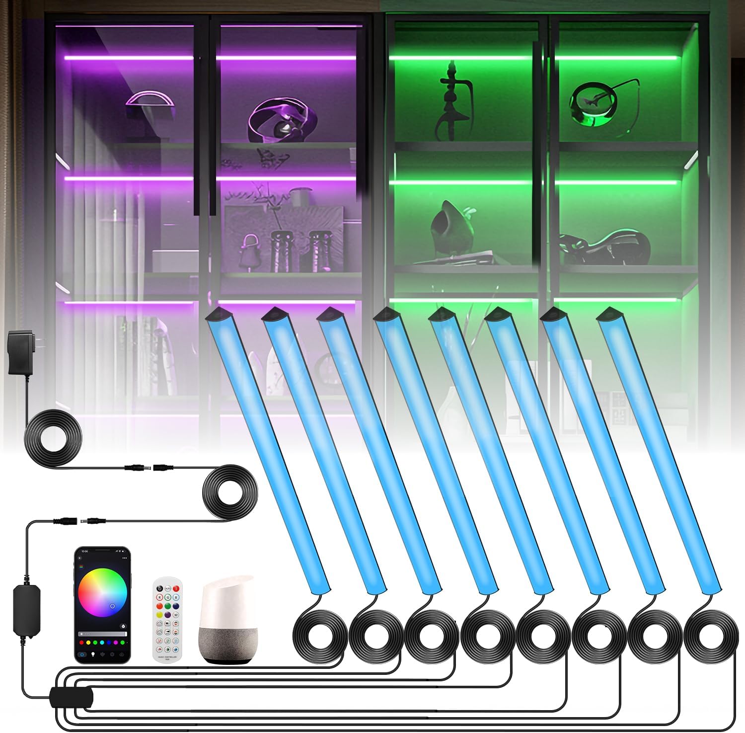 Black RGB LED Shelf Lights, Smart Bookshelf Lights Compatible with Alexa WiFi Dimmable for Display Case, Bookcase, Bar, Cabinet and Under Shelf with App, Remote, Memory Function (8Pcs 12.5In)