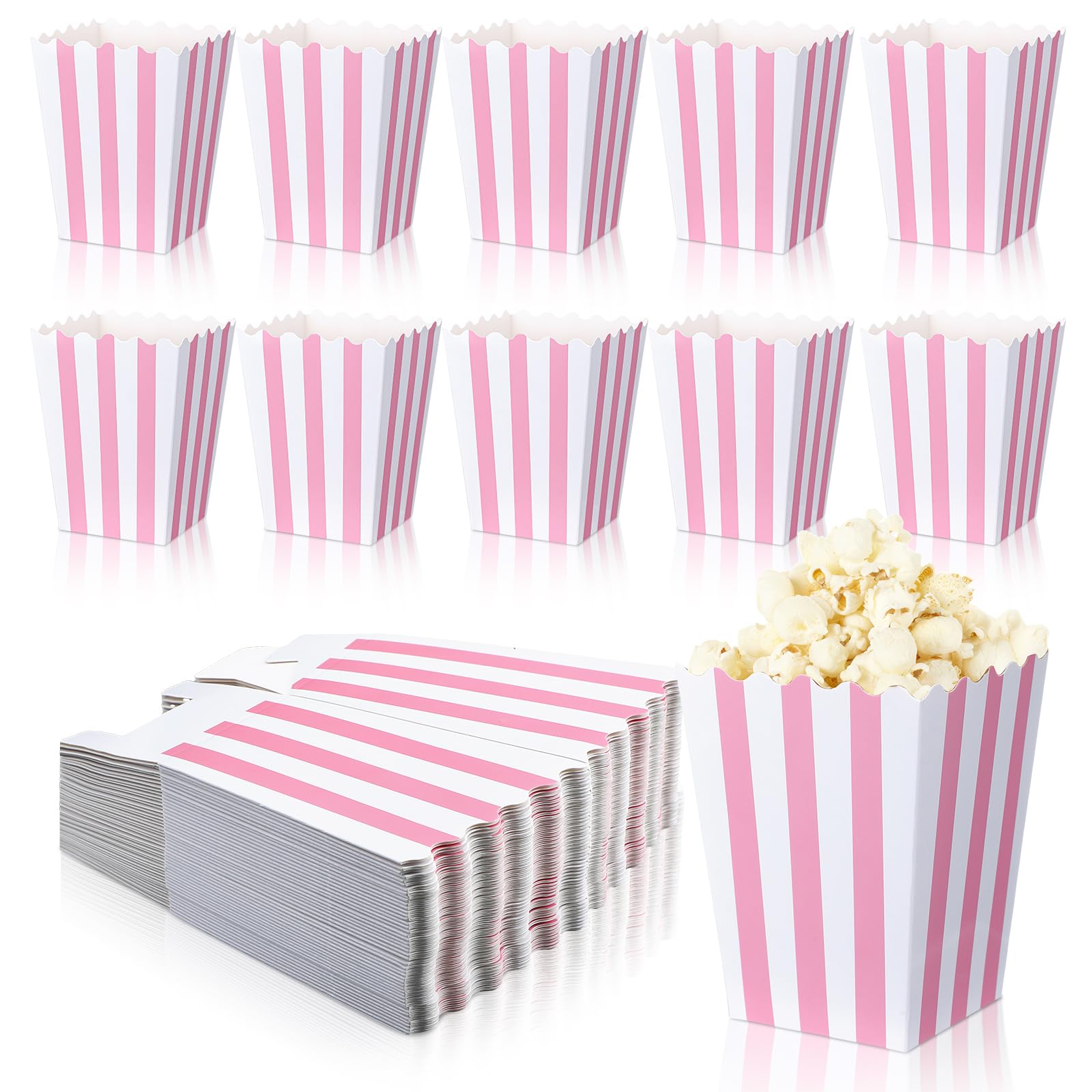 Geyoga 48 Pcs Pastel Pink Popcorn Boxes Small Large Pink and White Striped Paper Popcorn Bags Candy Containers for Birthday Party Favor Supplies(4 x 3 Inches, Small)
