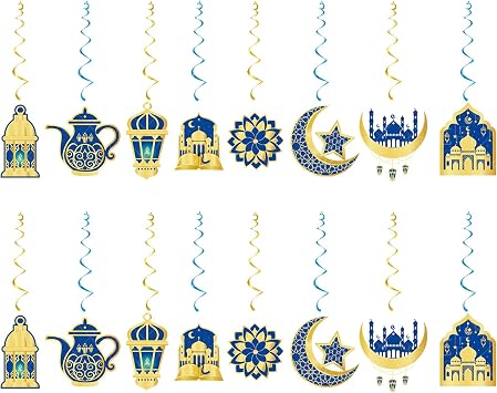 Ramadan Decorations, Eid Mubarak Hanging Decor, Ramadan Mubarak Decoration Set with 16 Hanging Swirls and 16 Tags, Blue and Gold Spiral Decor for Ramadan and Eid Parties