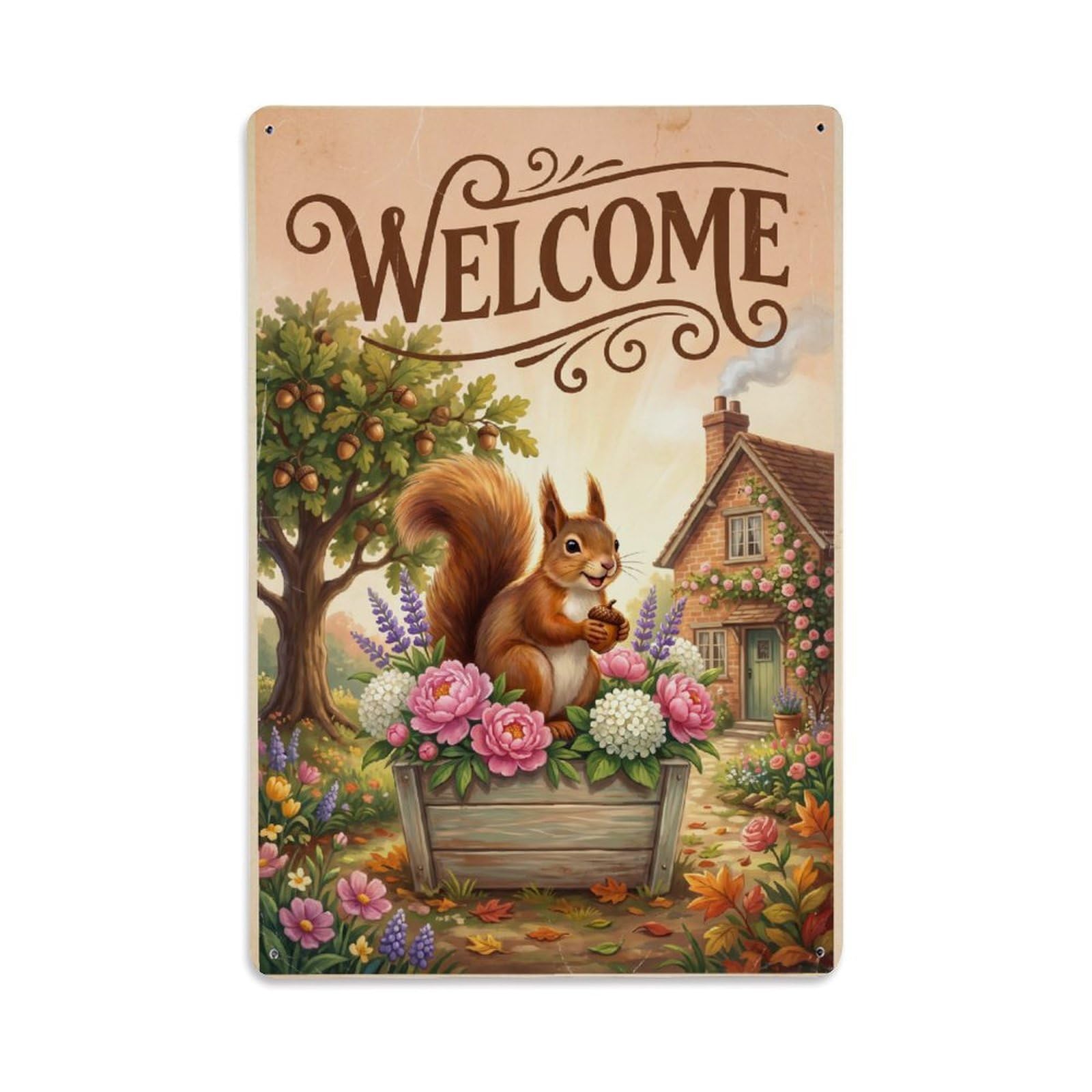 Cxhjca 8X12inch(20X30cm) Vintage Welcome Squirrel Petal Paradise Metal Tin Sign