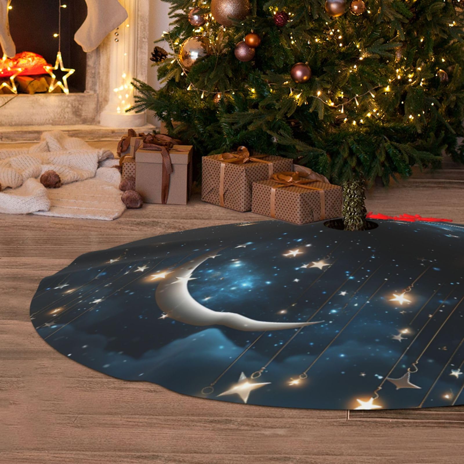 Jupe de sapin de Noël en peluche douce motif lune et étoiles haut de gamme