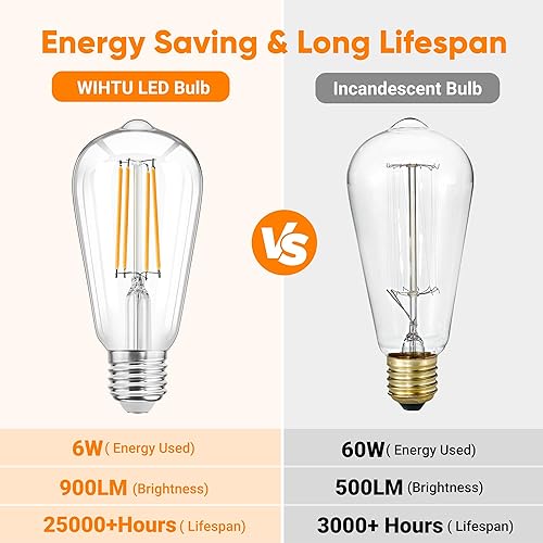 Miniatura 4 de WIHTU Bombillas LED de filamento, bombillas LED Edison brillantes vintage de 6 W, St58 de 2700 K, bombillas cálidas con CRI 85+, base estándar E26,