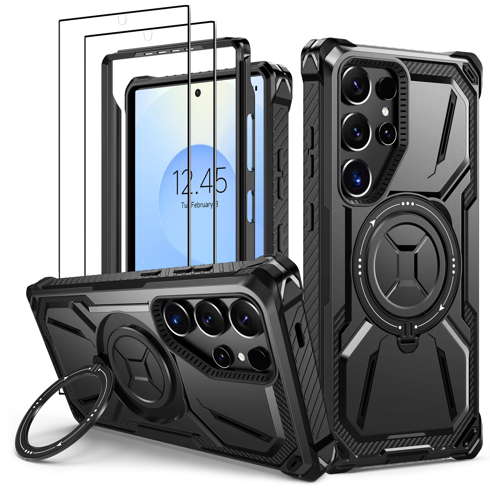 Lanhiem Cover per samsung S25 Ultra, Magnetica con Anello, Antiurto Militare Indistruttibile, Protezione Completa del Corpo a 360°con 2 Vetro Temperato, Custodia per Samsung Galaxy S25 Ultra 5G, Nero