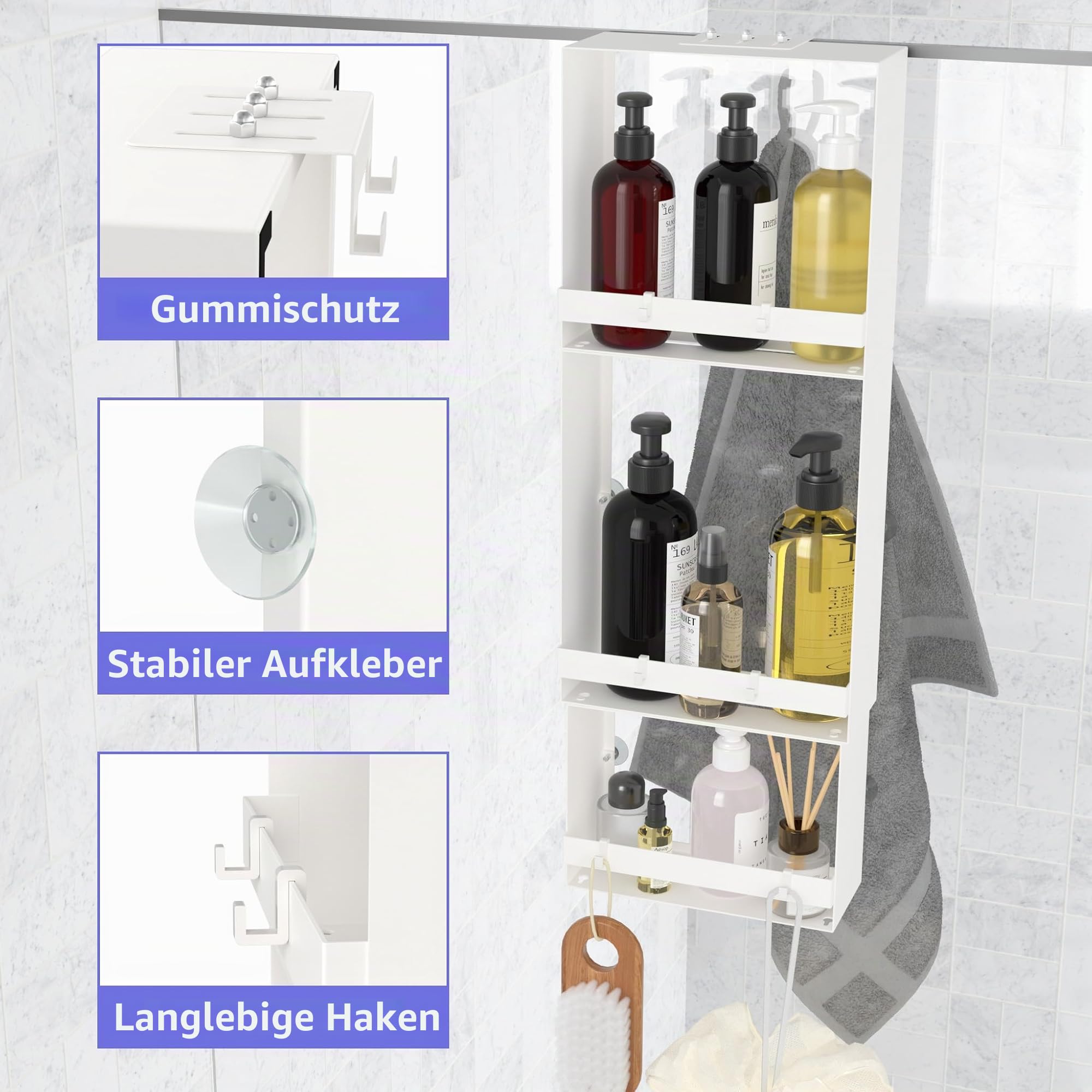 Duschablage zum Hängen, 3. Stock Duschablage 0hne Bohren Mattweiß, Badezimmer Organizer mit 4 Saugnapf zur Unterstützung & 8 Beweglichen Haken Ausgestattet, Shampoo Halterung Dusche für Glasduschtüren