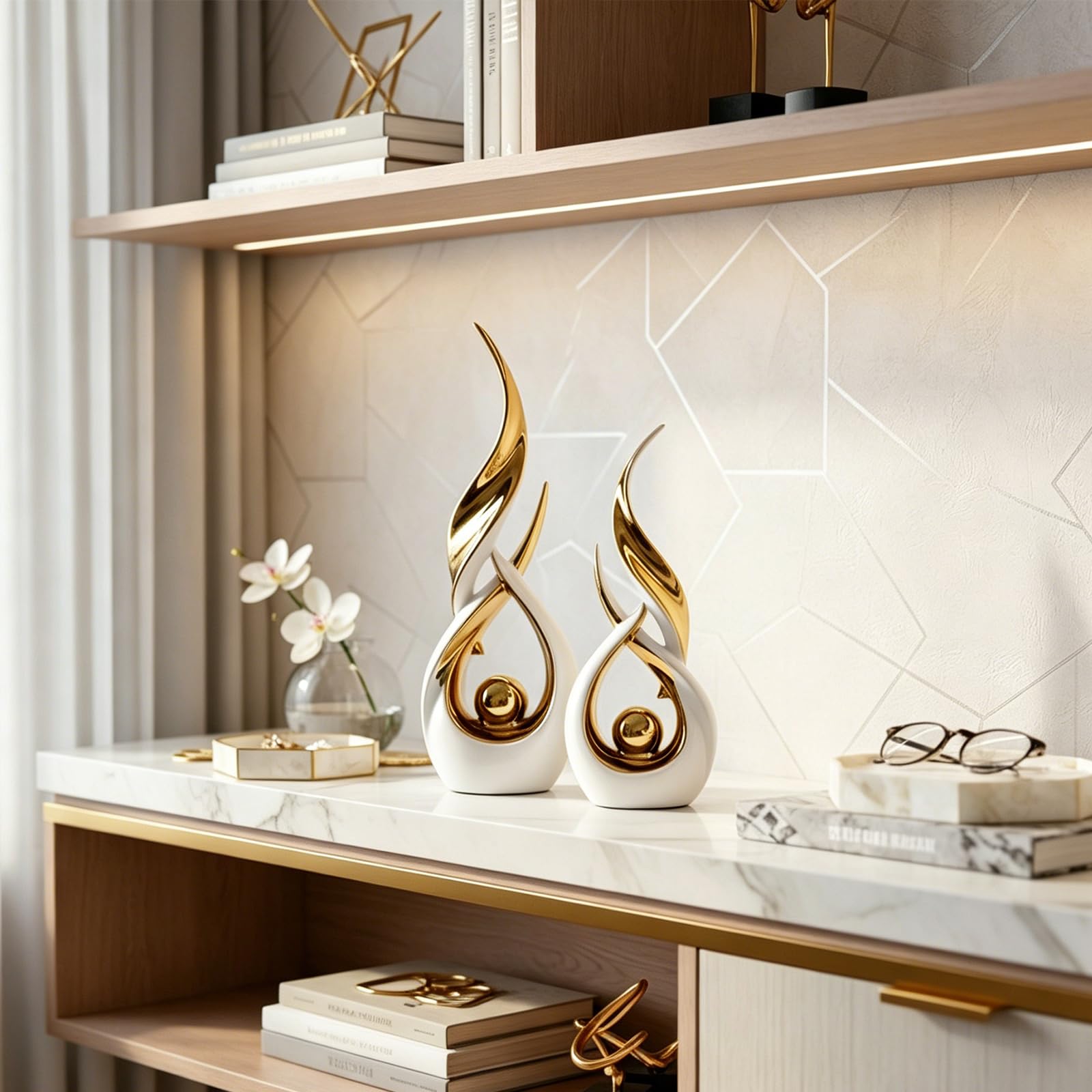 Set di 2 statue astratte in ceramica dorata, stile astratto moderno di metà secolo, decorazione per la casa, mensola da caminetto su mensola unica, divisorio per mobile TV, tavolo e tavolo da pranzo