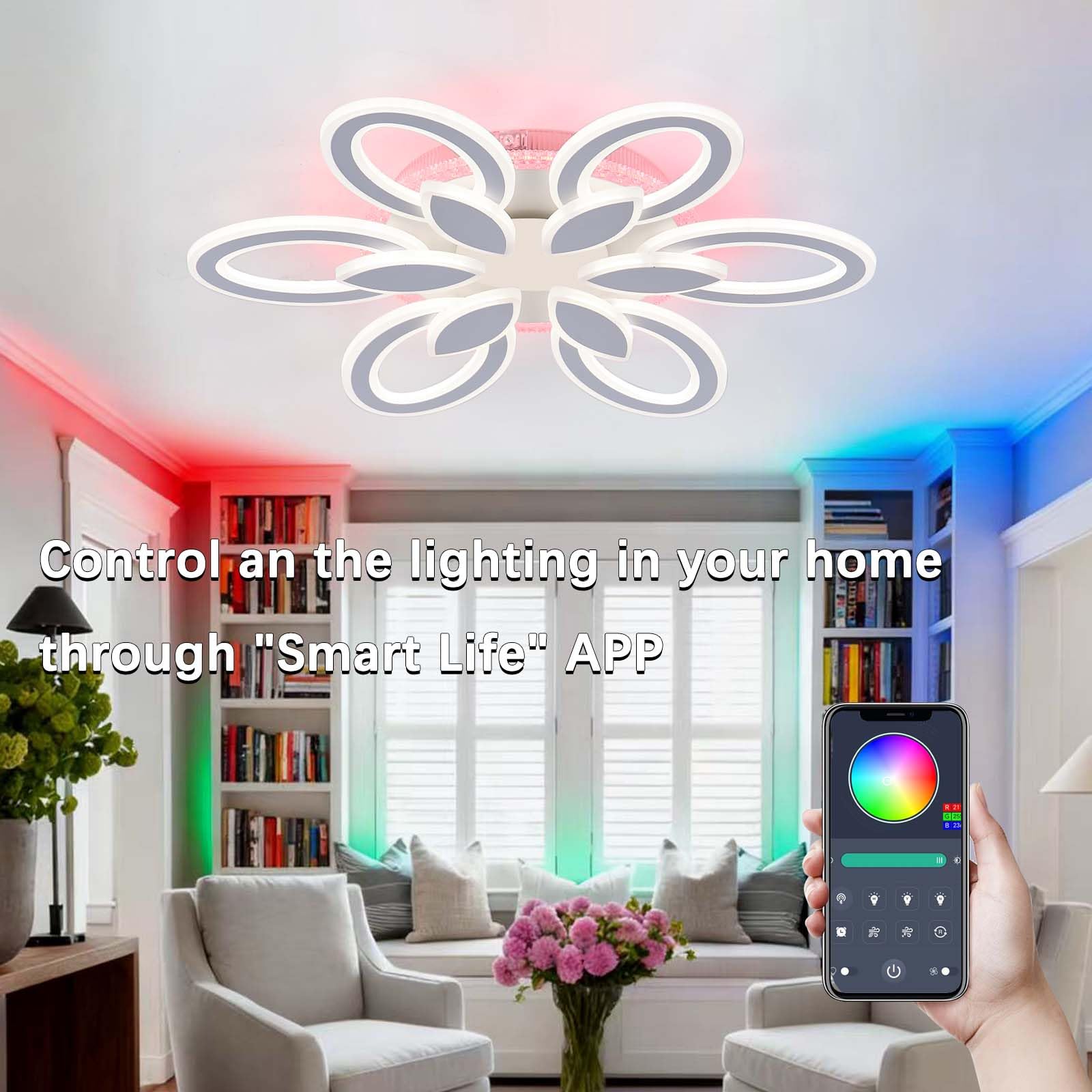 Dimmerabile per Lampadario Soggiorno con Telecomando APP, Plafoniera LED Soffitto RGB con Altoparlanti,Nuovo Modello Lampa ad Alto CRI con Memoria,per Camere da Letto e Studi-White||APP
