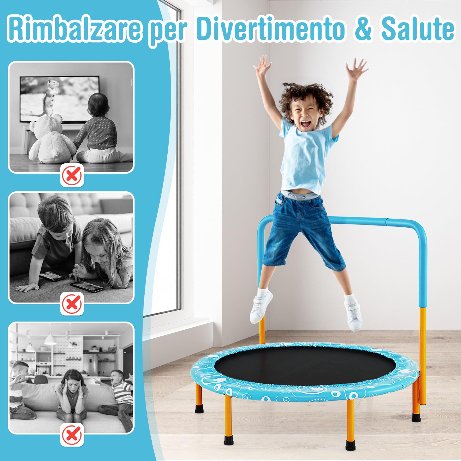 COSTWAY Trampolino Elastico per Bambini, Tappeto Elastico Pieghevole per Bambini con Copertura, Cuscinetti Antiscivolo e Maniglia, Ideale per Interno ed Esterno, Carico Massimo 150 kg
