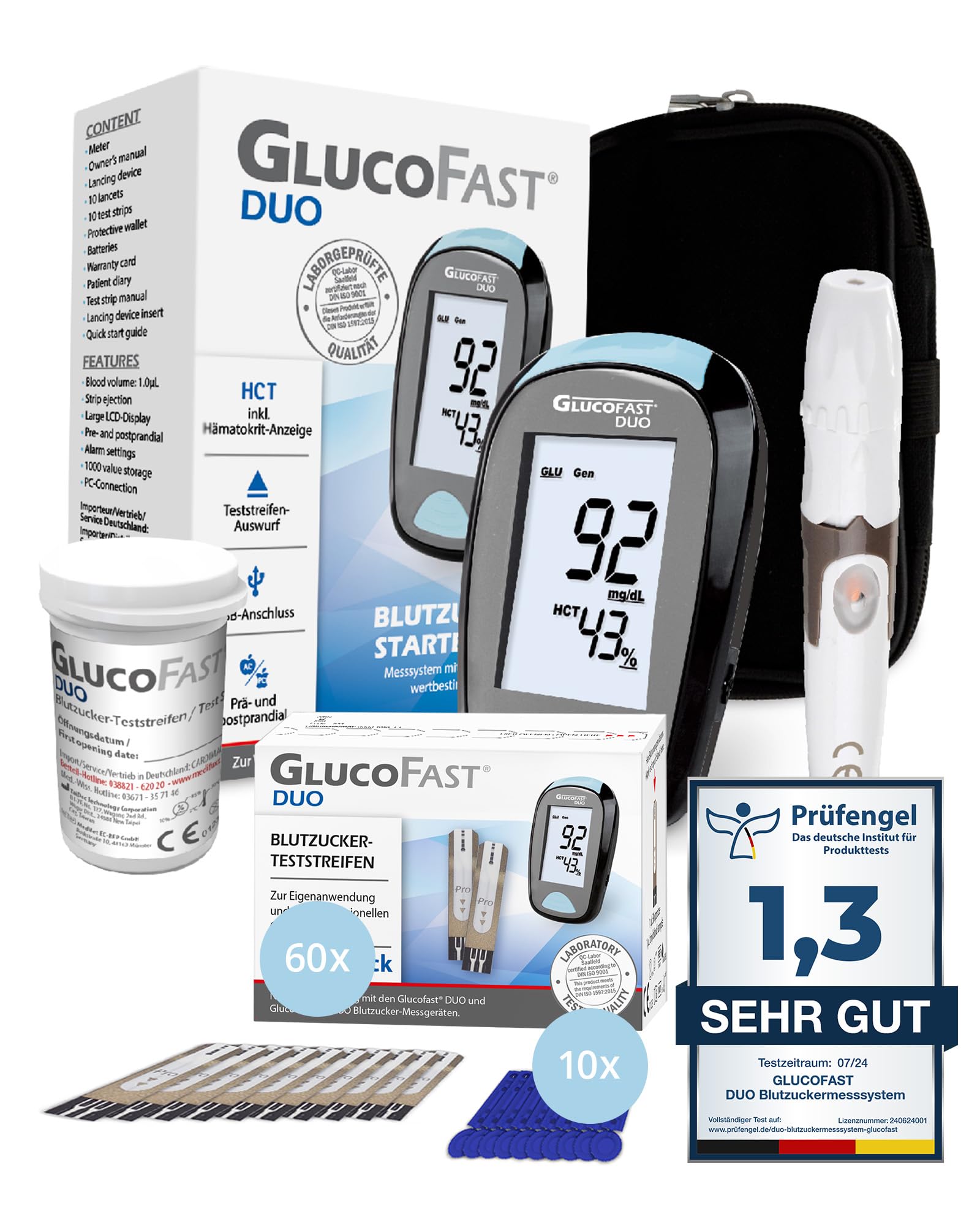 Duo Blutzuckermessgerät (mg/dL) Set mit 60 Teststreifen & 10 Lanzetten | Zertifiziertes Diabetes-Messsystem mit hoher Genauigkeit | Leichte Anwendung