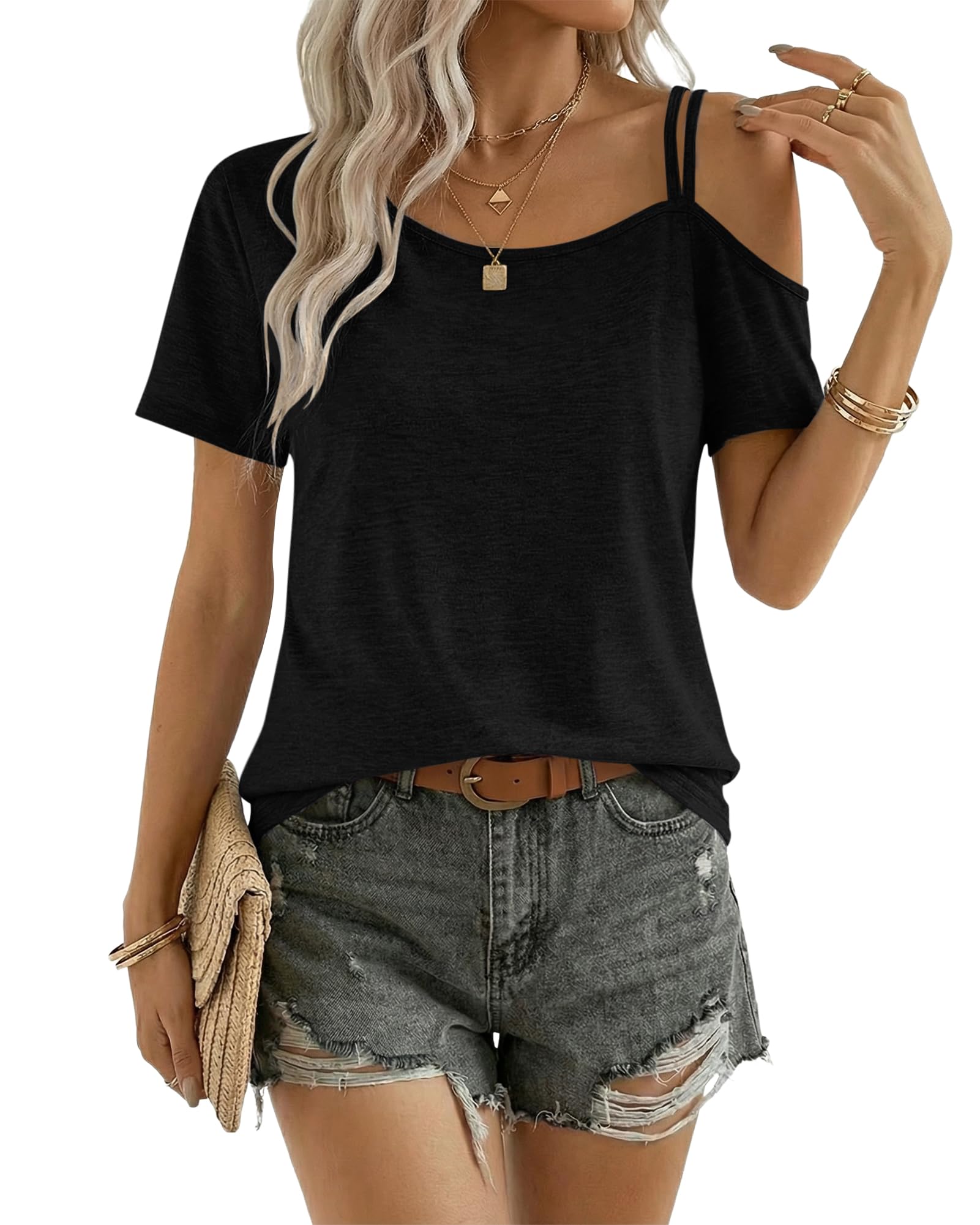 PLMOKEN Tshirt Damen Sommer Schulterfreies Oberteil Damen Lockere Casual Bluse Kurzarm Tops Asymmetrisches Ausschnitt T-Shirt One Shoulder Tunika