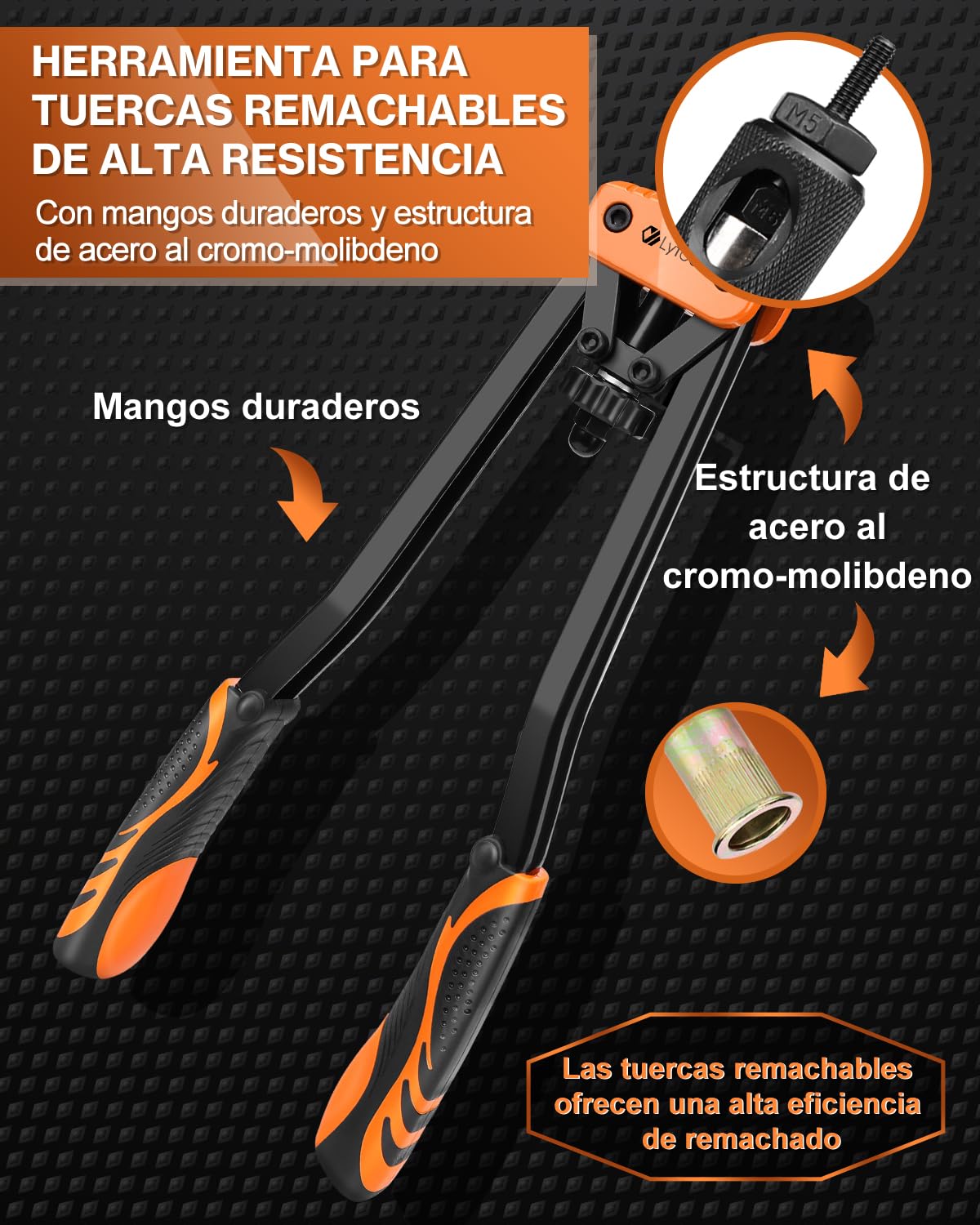 Remachadora de Tuercas Lytool 16" Pistola Remachadora Profesional Manual | Con 70pcs Tuercas de Remache, y 7 Mandriles Intercambiables M3 M4 M5 M6 M8 M10 M12