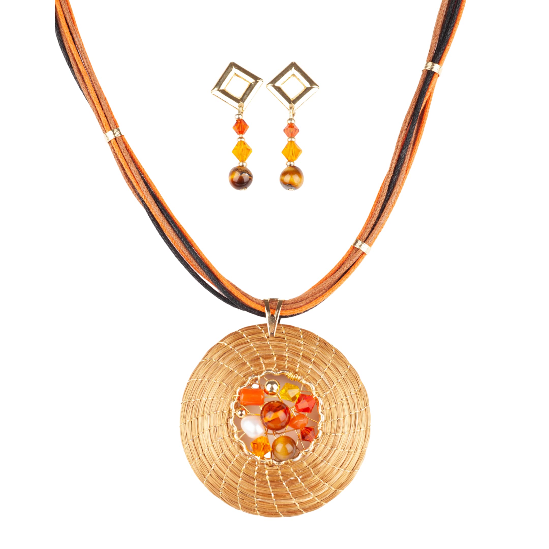 Vera Navarro Handmade VERA NAVARRO - Conjunto Collar Dorado Mandala 45 mm en Oro Vegetal con Piedras, Cristales y Pendientes - Hecho a Mano 100% (Variante Naranja)