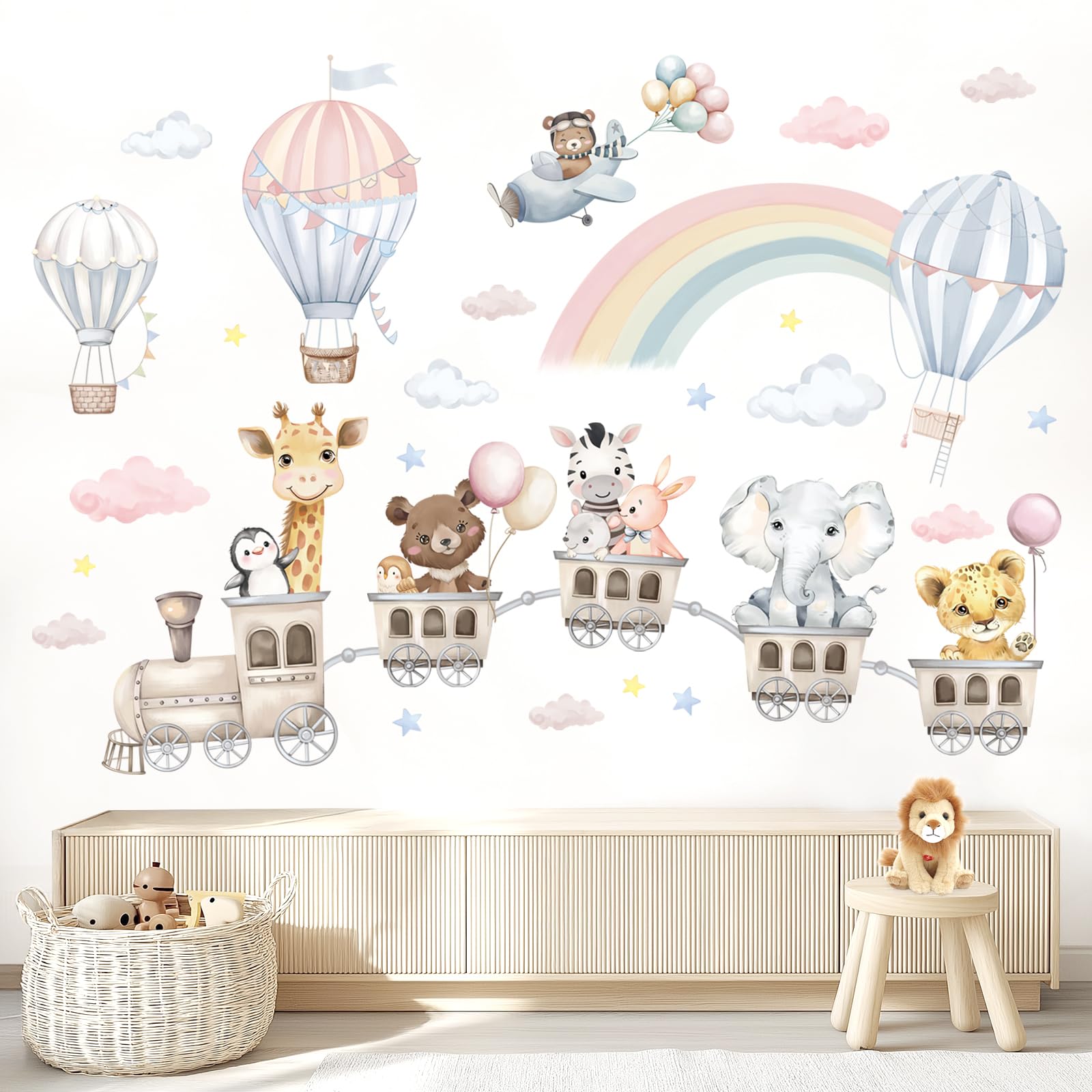Stickers Muraux Enfant Train des Animaux Aquarelle Montgolfières Arc-en-Ciel et Nuages Décoration Murale Pastel Autocollants Amovibles pour Chambre Bébé Pépinière Salon