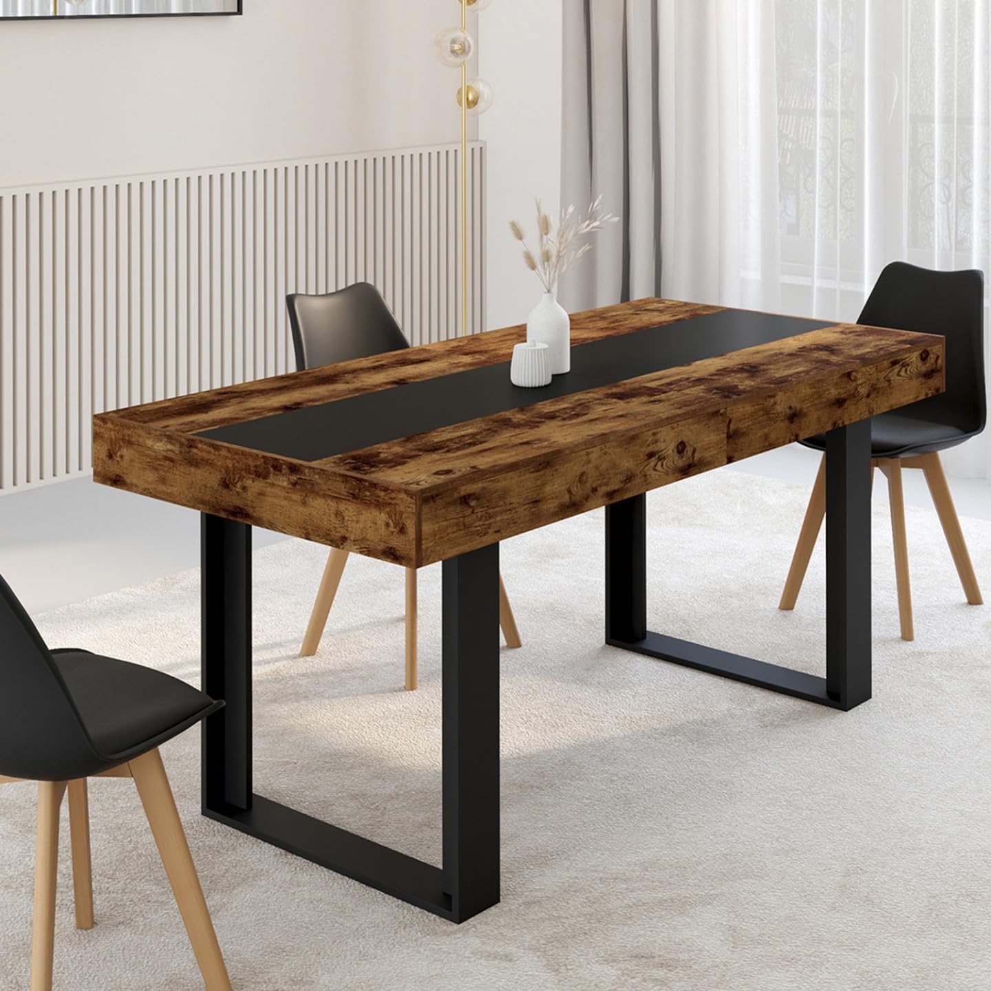 IDMarket - Table à Manger Extensible Rectangle Phoenix 4-8 Personnes Bois Effet Vieilli et Noir Bande Centrale Noire 160-200 cm