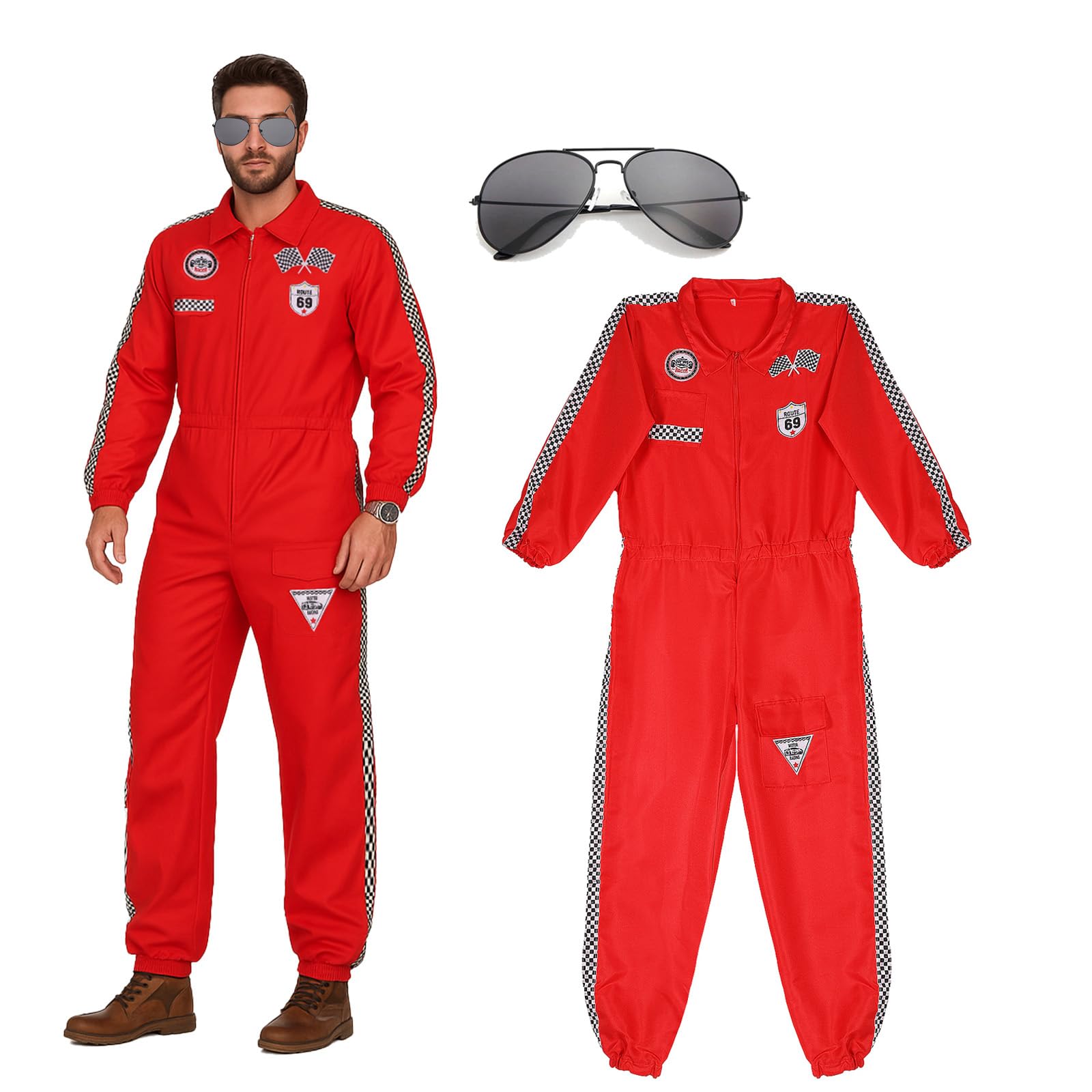 Pddgeun Racing Driver Costume for Men Racer Jumpsuit with Cap Sunglasses Finish Line Racer Outfits for Halloween Carnival (Small)
