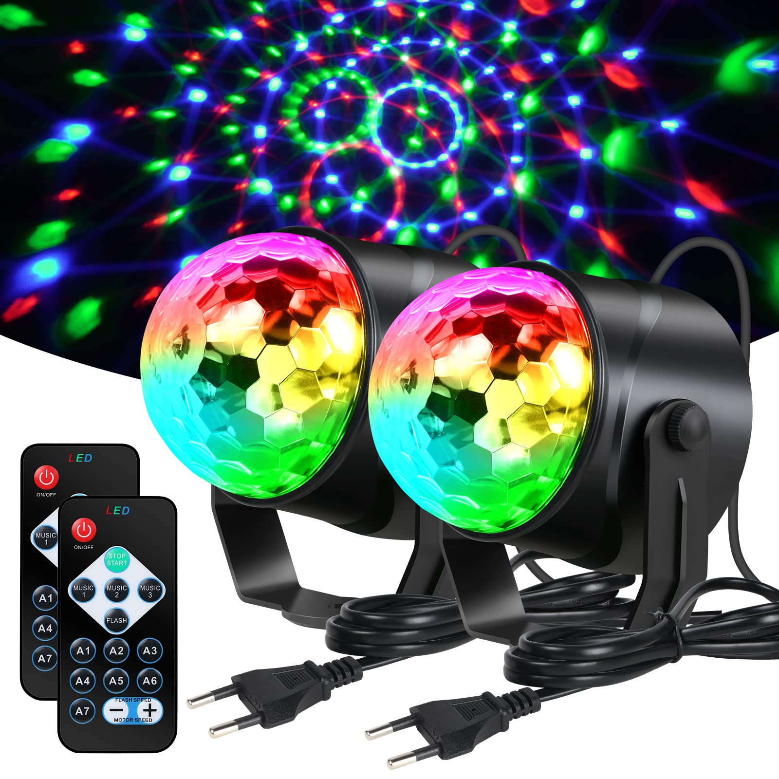 URAQT Luci Discoteca LED, 360 ° Ruotabile Musica Attivata Telecomando Luci da Festa, 7 RGBP Colori Fari per Illuminazione Palco per Natale, Bar, Club, Festa, Riunione di Famiglia (2 Pezzi)