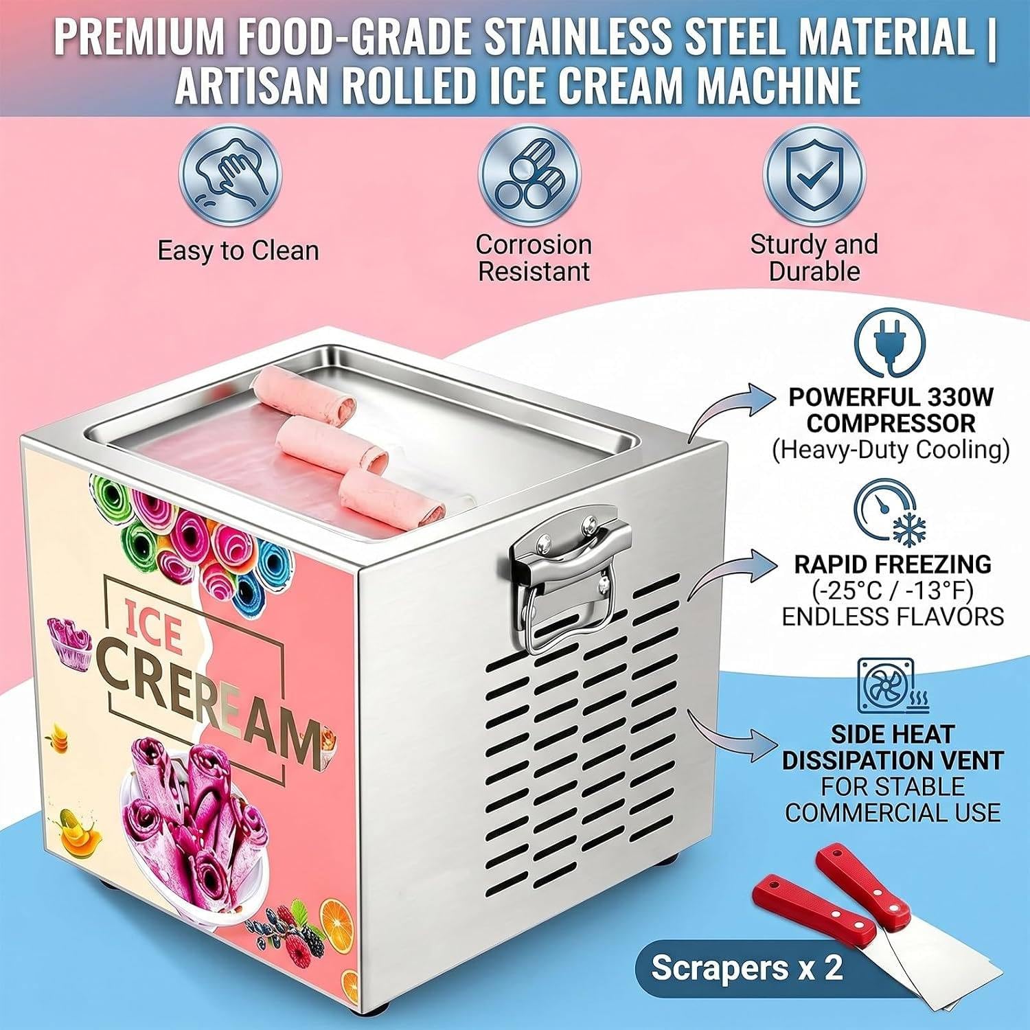 Máquina para Hacer Helado Enrollado de Acero Inoxidable de 330 W | Diseño de refrigeración con tubo de cobre en forma de anillo, base antideslizante, para el hogar, tienda, 34 × 28 × 30 cm