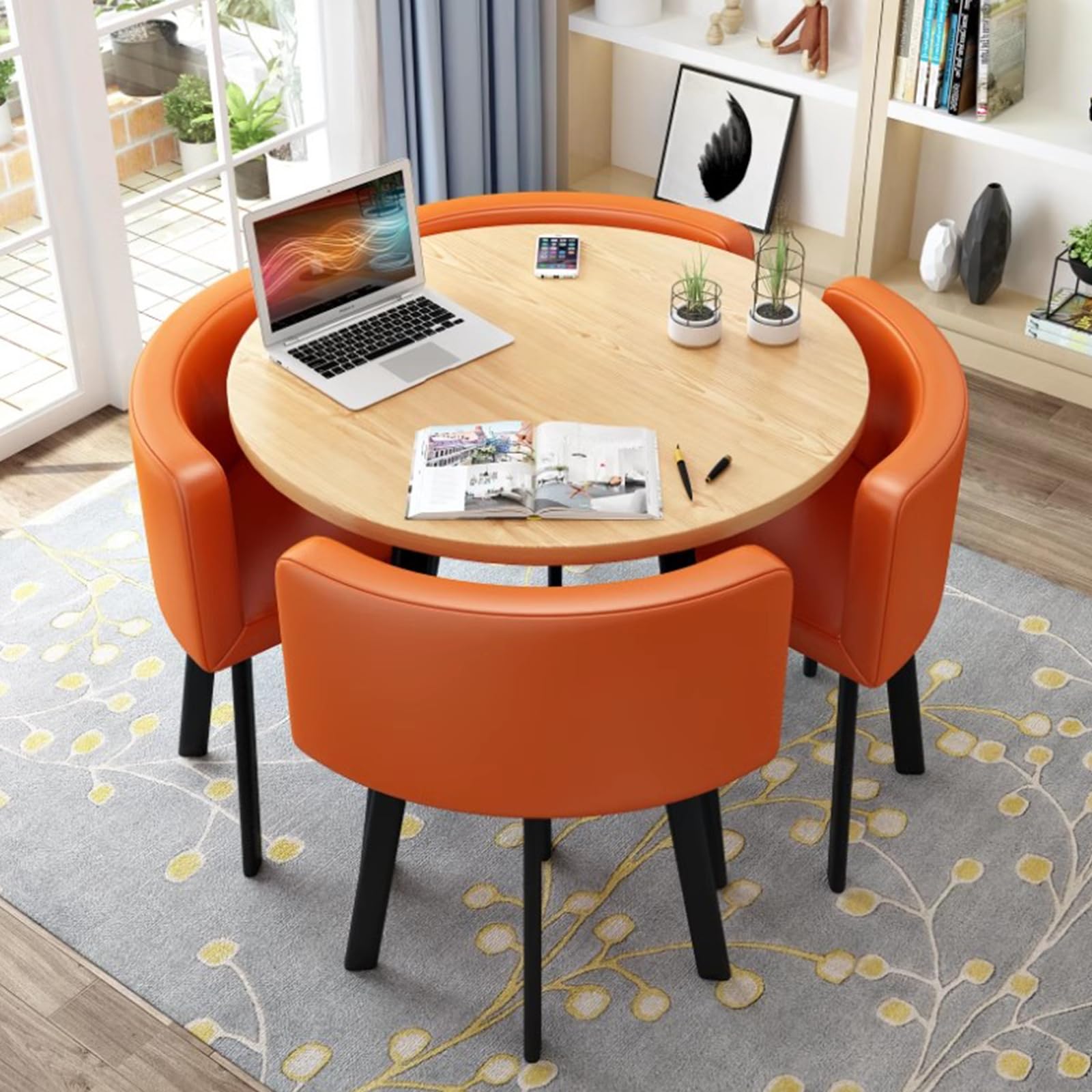 Office Table and Chairs Set, Round Dining Table and Chairs Set 4, Office Reception Room Club Table and Chair Set,Space-Saving Small Meeting Room Table for Home Living Room Balcony Cafe Break