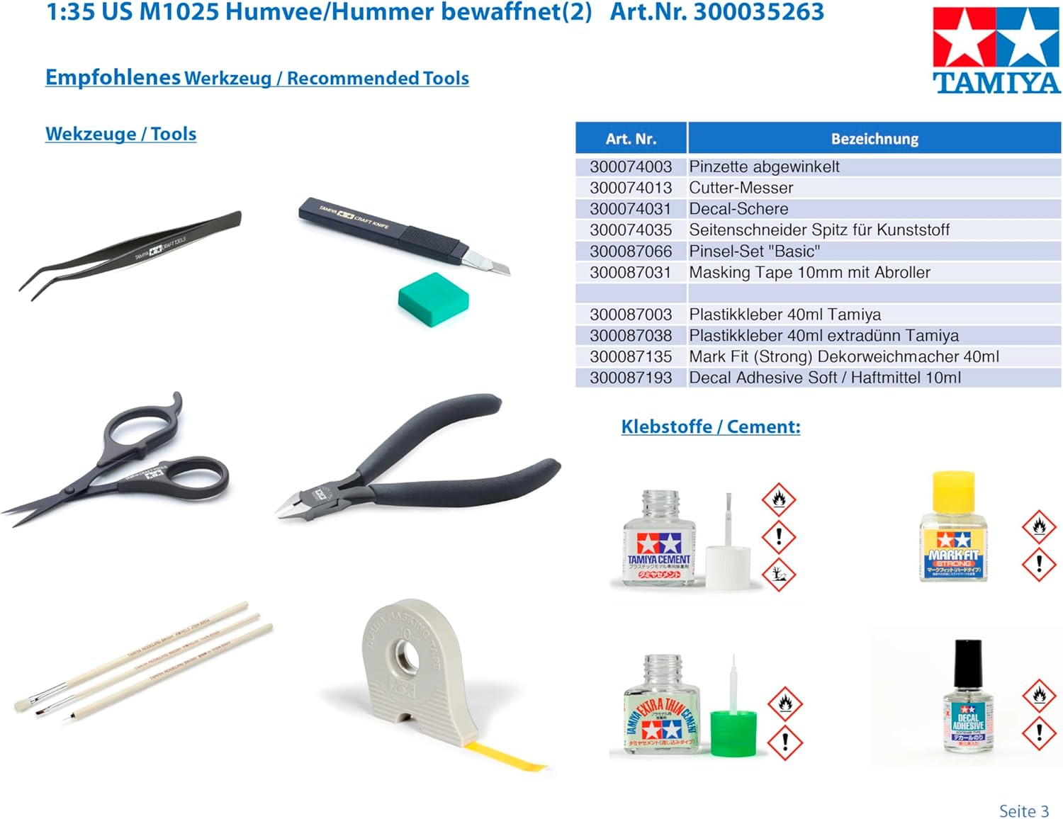 Image showing recommended tools and adhesives for model assembly, including angled tweezers, cutter knife, decal scissors, side cutters, basic brush set, masking tape, plastic cement, Mark Fit (strong), and Decal Adhesive Soft.