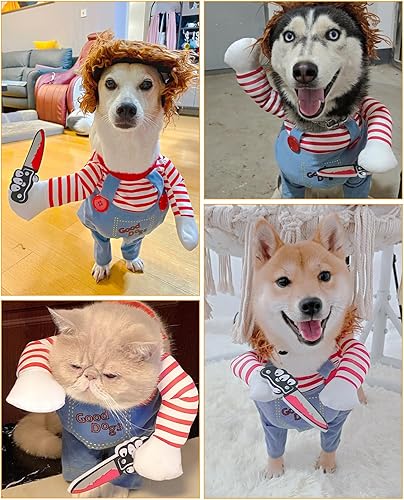 Miniatura 6 de Disfraz de muñeca mortal para perro, divertido disfraz de perro Chucky para Halloween, Navidad, cosplay, ropa para perros pequeños, medianos y