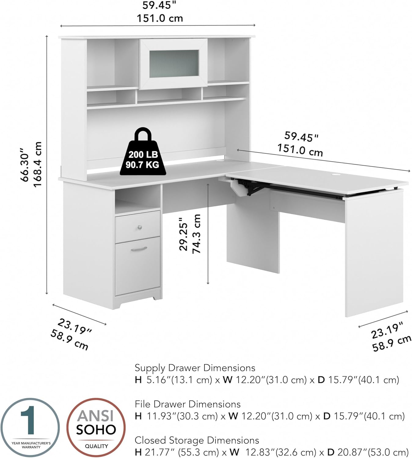 Bush Home Cabot 60W 3 Position Sit to Stand L Shaped Desk with Hutch in White