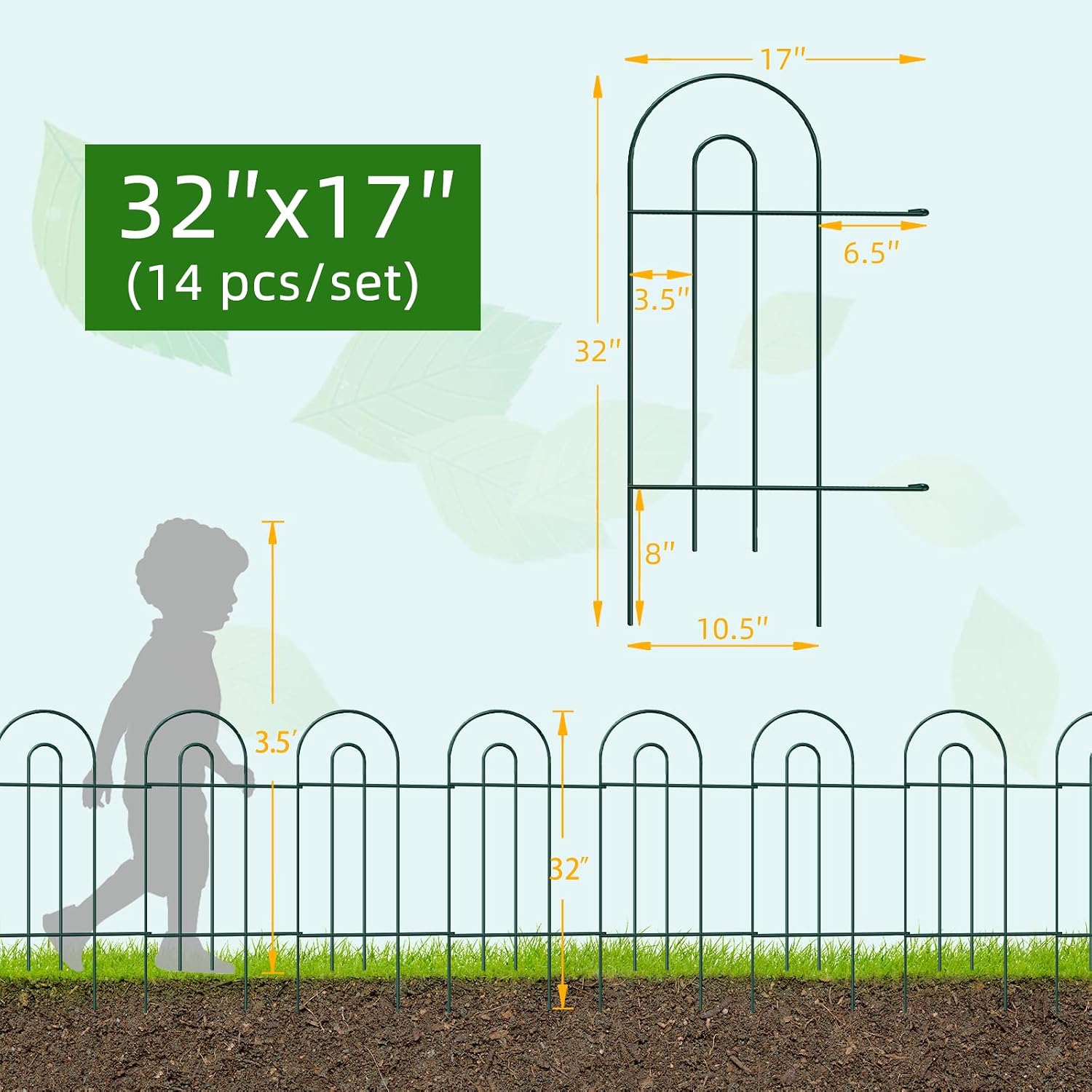 FOREHOGAR Decorative Garden Fence Border 32inX20ft Outdoor Green No Dig Temporary Iron Wire Edge Flowers Fencing Panels Rustproof Metal Folding Garden Fencing for Yard
