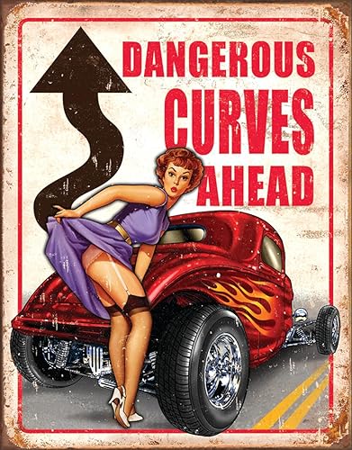 Desperate Enterprises Legends - Letrero de lata de Dangerous Curves Ahead Decoración nostálgica de pared de metal vintage Hecho en Estados Unidos Desperate Enterprises Legends - Letrero de lata de Dangerous Curves Ahead Decoración nostálgica de pared de metal vintage Hecho en Estados Unidos