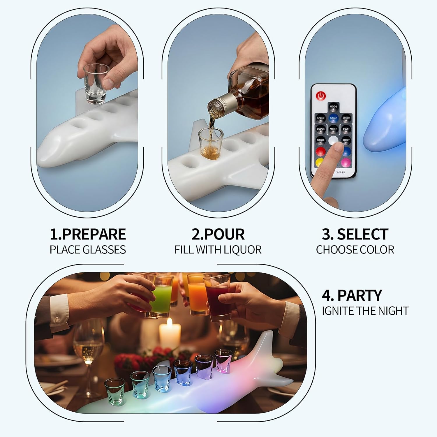 Acrylic Shot Tray, 6-Shot Holder Tray (does not include 3.8-ounce glasses), Clear Wine Glass Organizer, Wine Display Holder, Cup Display Accessories (USB/Battery Powered)