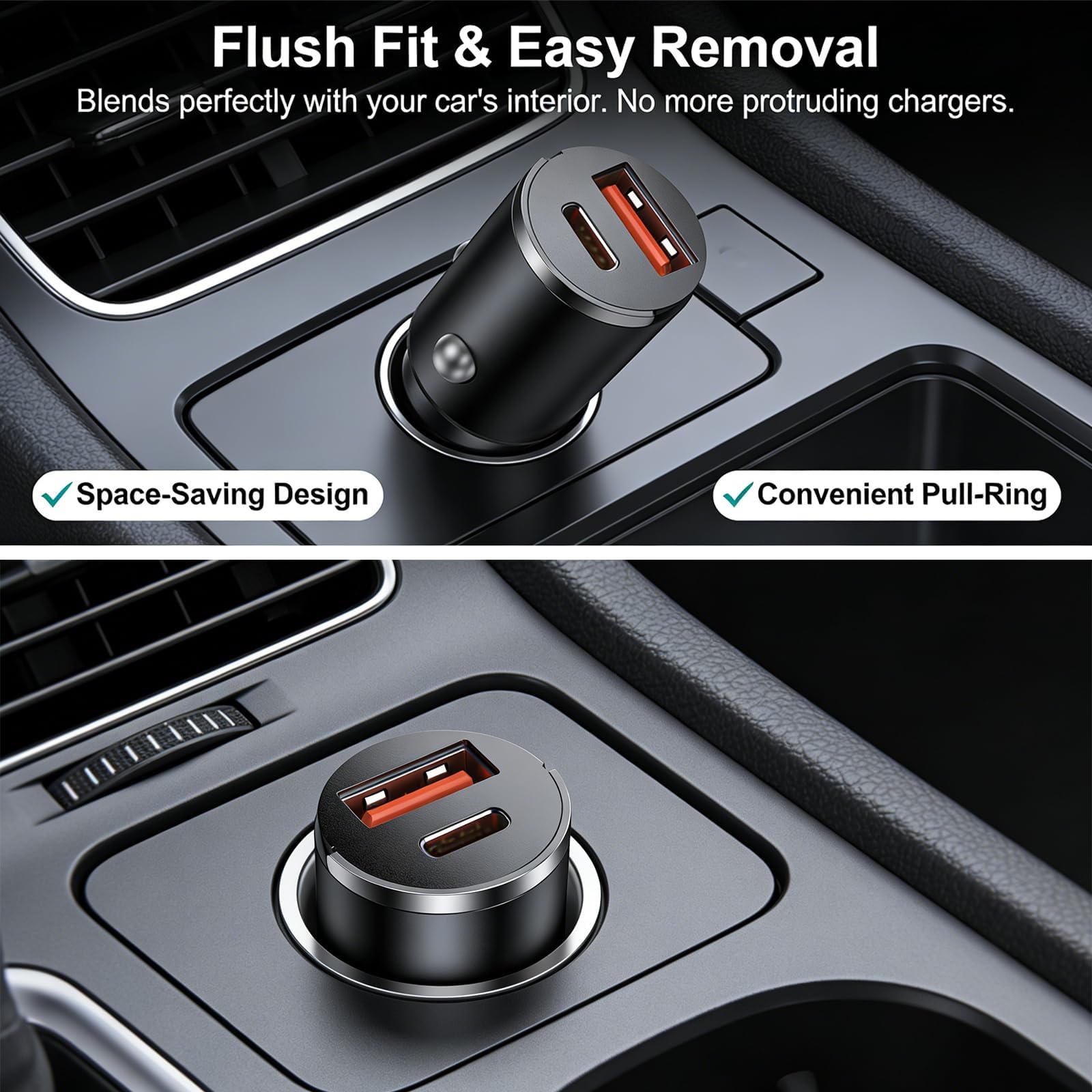 1 Pcs Car Charge,PD 30 W USB-C & QC 3.0 USB-A Fast Charger Adapter, Car Lighter USB Adapter,Cigarette Lighter USB Charger,Compatible with iPhone 17/16/15 Pro/Pro Max, Galaxy S25/S24/Ultra(Black) - 3